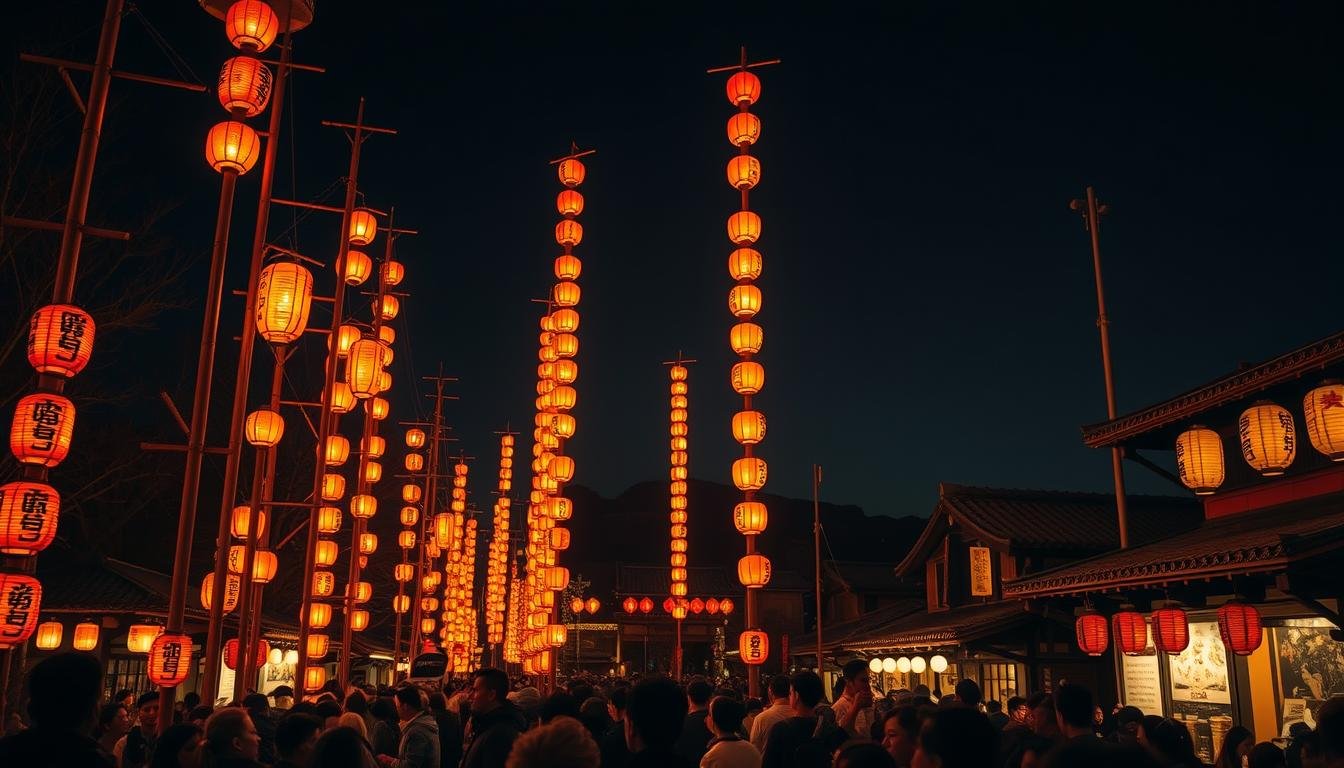 An autumn night in Akita, where the Kanto Neputa Festival illuminates the sky. Towering bamboo poles adorned with lanterns in vibrant oranges and reds sway gently, casting a dreamlike glow across the scene. In the foreground, crowds of spectators marvel at the captivating display, their faces aglow with the warm, flickering light. The middle ground features a traditional Japanese street, lined with ancient buildings and paper lanterns hanging from eaves. In the distance, the silhouettes of distant mountains fade into the inky night, creating a sense of depth and mystery. The overall atmosphere is one of reverence, wonder, and the timeless beauty of this cherished cultural celebration.