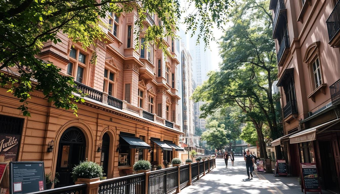 An elegant and historic promenade winds through the heart of Wan Chai, highlighting the district's rich architectural heritage. Stately colonial buildings stand tall, their intricate facades evoking a bygone era. Quaint shophouses and cozy alleyways invite exploration, their weathered walls whispering tales of generations past. Dappled sunlight filters through lush foliage, casting a warm, nostalgic glow over the scene. Visitors stroll leisurely, immersed in the district's captivating blend of past and present, discovering the cultural treasures and historical imprints that have shaped this vibrant community. An elegant and historic promenade winds through the heart of Wan Chai, highlighting the district's rich architectural heritage. Stately colonial buildings stand tall, their intricate facades evoking a bygone era. Quaint shophouses and cozy alleyways invite exploration, their weathered walls whispering tales of generations past. Dappled sunlight filters through lush foliage, casting a warm, nostalgic glow over the scene. Visitors stroll leisurely, immersed in the district's captivating blend of past and present, discovering the cultural treasures and historical imprints that have shaped this vibrant community.