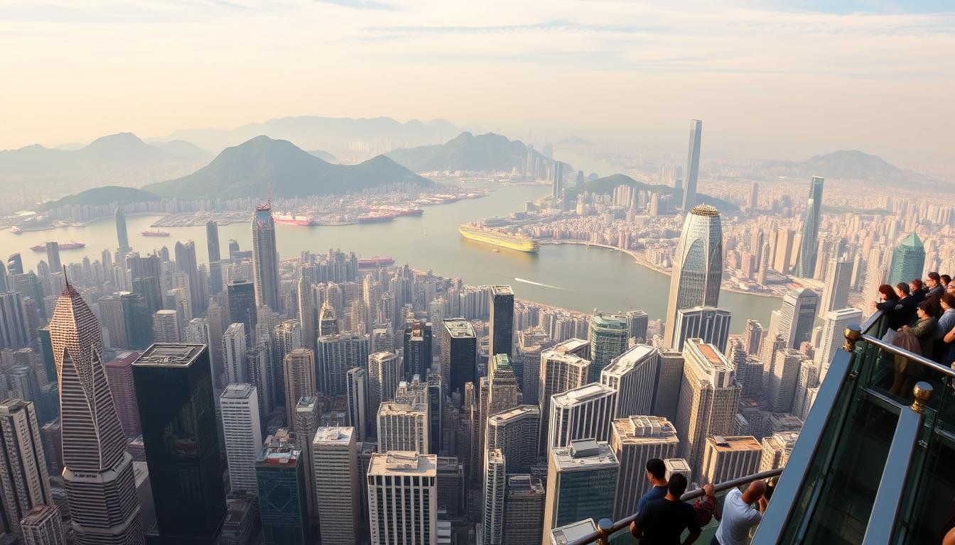 An expansive panoramic view of the iconic Hong Kong skyline from the observation deck of the 100-story high "Sky100" tower. The towering skyscrapers of the Central business district stretch out in the foreground, their glass facades reflecting the warm glow of the sun. In the middle ground, the picturesque Victoria Harbour bustles with ferries and container ships. The rugged peaks of the surrounding mountains rise majestically in the distance, their slopes blanketed in lush greenery. Crisp, golden light floods the scene, creating a sense of grandeur and awe. Visitors on the observation deck gaze out in wonder at the breathtaking 360-degree vistas of this vibrant, densely populated metropolis.