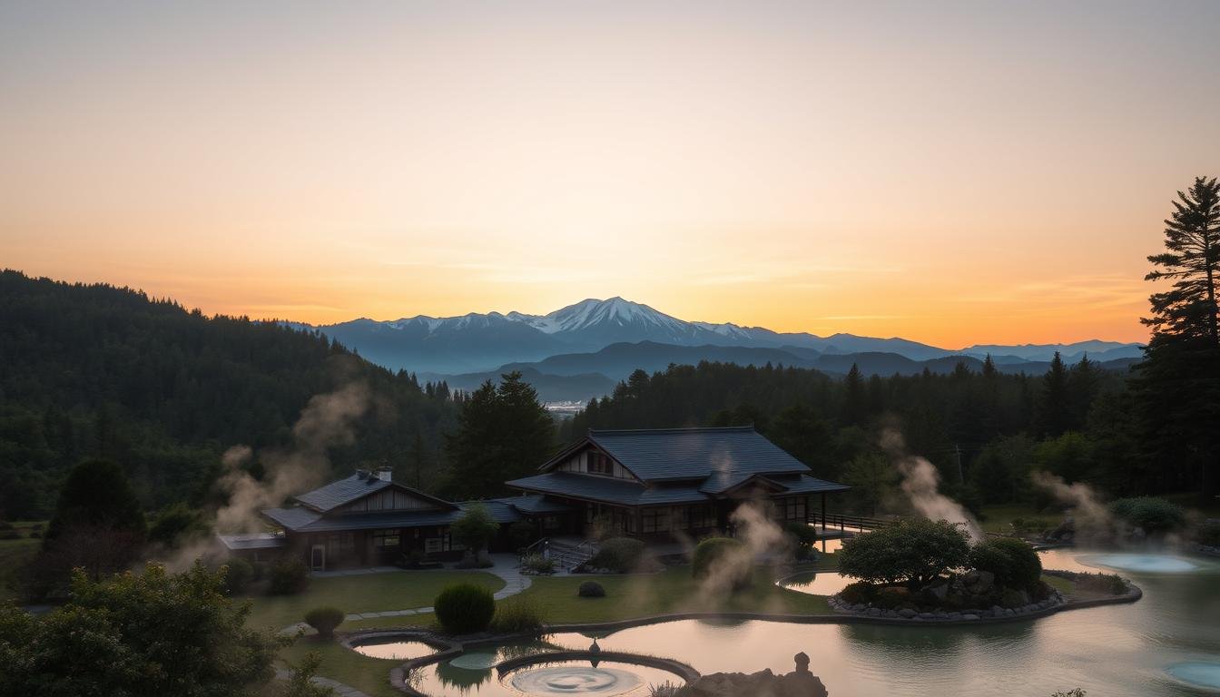 An expansive, serene landscape of the famous Kaga hot springs in Ishikawa, Japan. The foreground features a traditional Japanese ryokan nestled among lush greenery, with wisps of steam rising from natural thermal pools. In the middle ground, a picturesque mountain range frames the scene, their snow-capped peaks casting long shadows under a golden sunset sky. The atmosphere is one of tranquility and relaxation, inviting the viewer to imagine the soothing, rejuvenating experience of soaking in the Kaga onsen. The image is captured with a wide-angle lens, accentuating the grandeur of the setting and the harmonious integration of the ryokan and its natural surroundings.