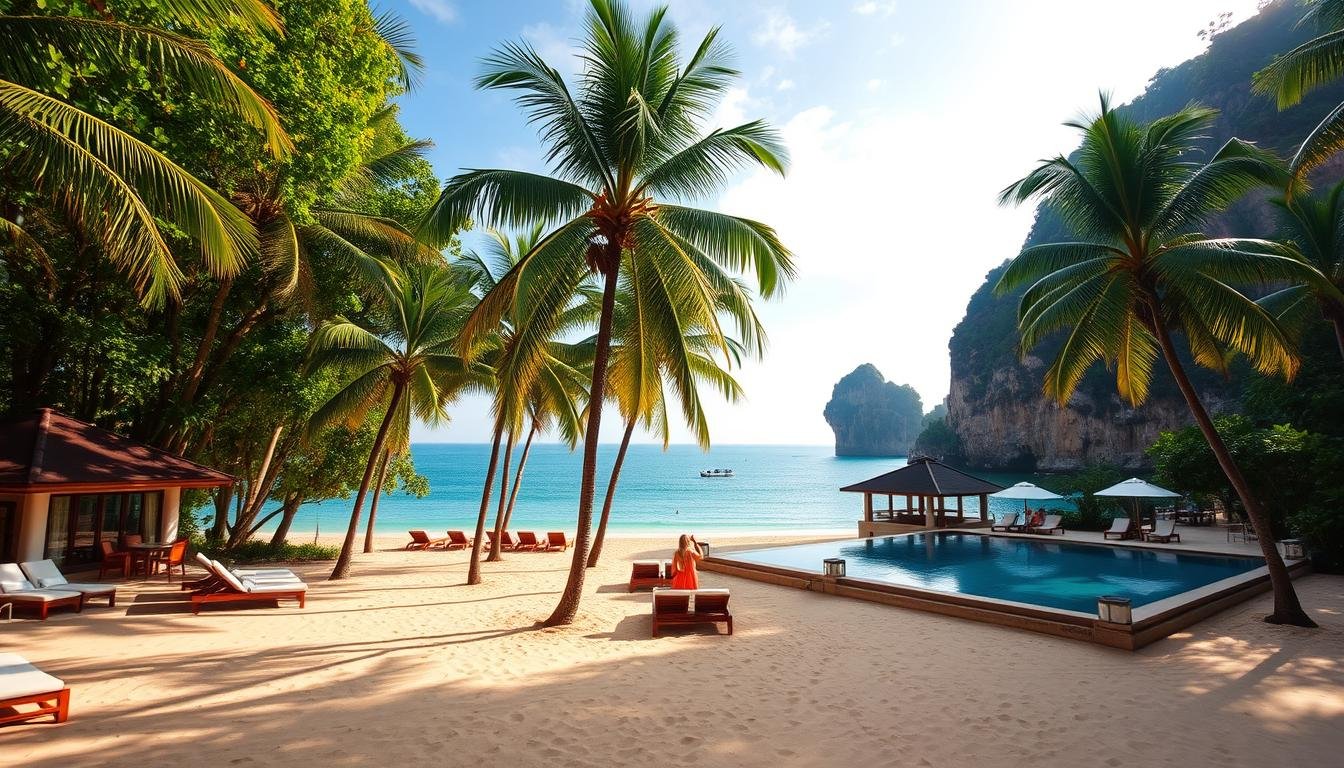 An idyllic beachfront resort nestled along the tranquil shores of Ao Nang, Krabi. Lush palm trees sway gently in the warm breeze, casting dappled shadows on the soft, golden sand. Luxurious bungalows with thatched roofs and large verandas offer unobstructed views of the sparkling turquoise waters. Guests lounge on sun-drenched decks, sipping refreshing cocktails as they gaze out at the breathtaking limestone cliffs that rise majestically in the distance. The resort's infinity pool blends seamlessly with the horizon, creating a serene, zen-like atmosphere. Towering coconut palms line the beachfront, swaying in harmony with the rhythmic lapping of the waves. This idyllic tropical paradise offers the ultimate in relaxation and rejuvenation for discerning travelers seeking an unforgettable stay in Krabi. An idyllic beachfront resort nestled along the tranquil shores of Ao Nang, Krabi. Lush palm trees sway gently in the warm breeze, casting dappled shadows on the soft, golden sand. Luxurious bungalows with thatched roofs and large verandas offer unobstructed views of the sparkling turquoise waters. Guests lounge on sun-drenched decks, sipping refreshing cocktails as they gaze out at the breathtaking limestone cliffs that rise majestically in the distance. The resort's infinity pool blends seamlessly with the horizon, creating a serene, zen-like atmosphere. Towering coconut palms line the beachfront, swaying in harmony with the rhythmic lapping of the waves. This idyllic tropical paradise offers the ultimate in relaxation and rejuvenation for discerning travelers seeking an unforgettable stay in Krabi.