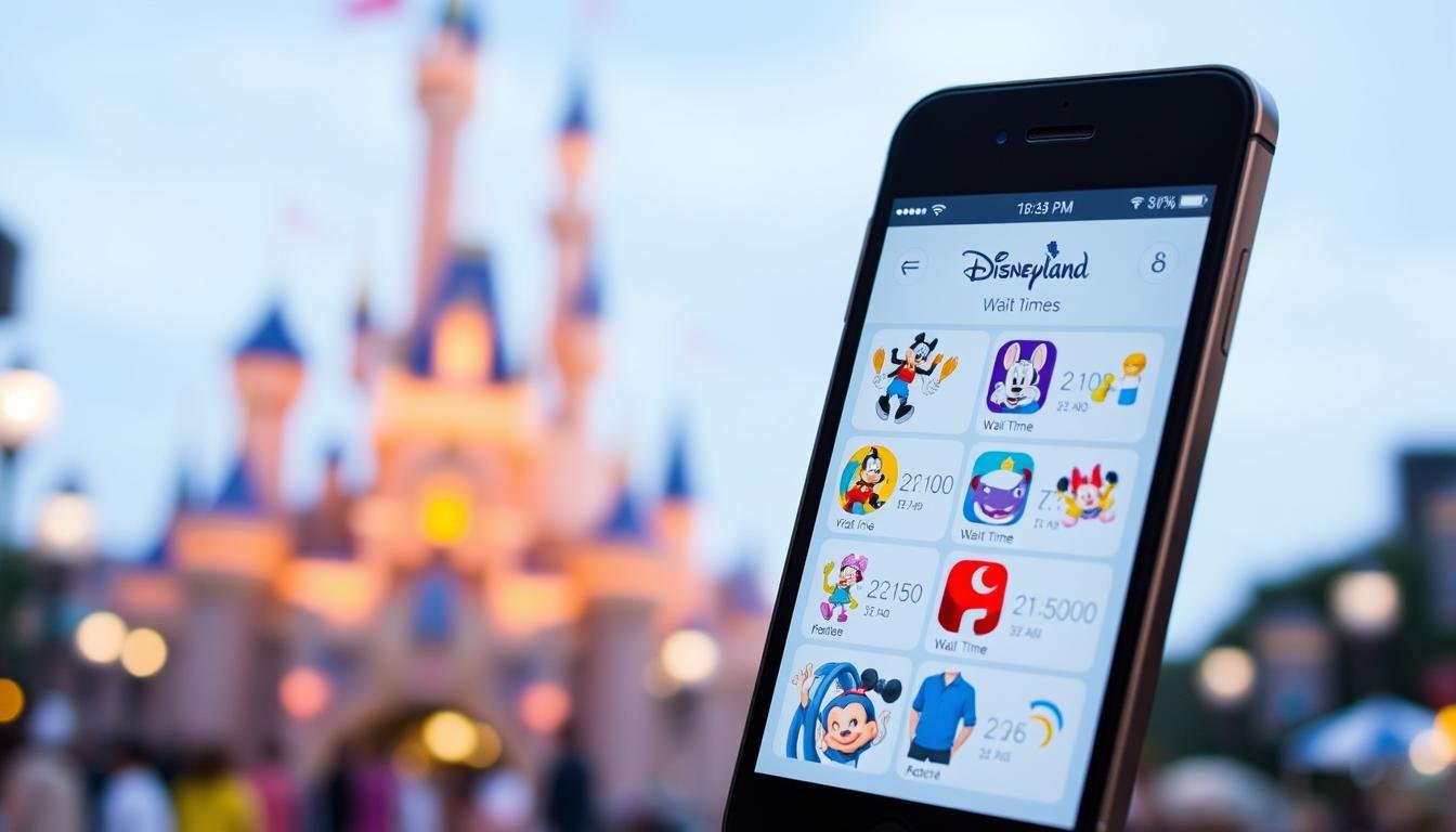 An official Hong Kong Disneyland smartphone app interface displaying estimated wait times for various attractions. The foreground shows a sleek, modern design with a minimalist layout, clean typography, and subtle brand iconography. The middle ground showcases a grid of colorful ride icons, each with a numerical wait time readout. The background features a blurred, atmospheric view of the Disneyland park, hinting at the excitement and adventure awaiting visitors. The overall mood is one of informative utility, anticipation, and a sense of being prepared for the theme park experience.