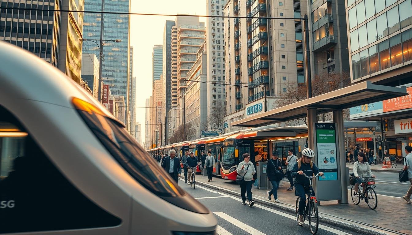 An urban scene of bustling public transportation in Japan. In the foreground, a modern train glides through the frame, its sleek exterior reflecting the city lights. In the middle ground, a well-designed bus stop shelters commuters as they wait for their rides. The background features a mix of high-rise buildings, their windows glowing with activity. The scene is bathed in a warm, golden hue, creating a sense of vibrant energy and efficiency. Pedestrians and cyclists weave through the scene, highlighting the multimodal nature of Japanese transportation. The overall atmosphere conveys the convenience and accessibility of public transit in Japan.