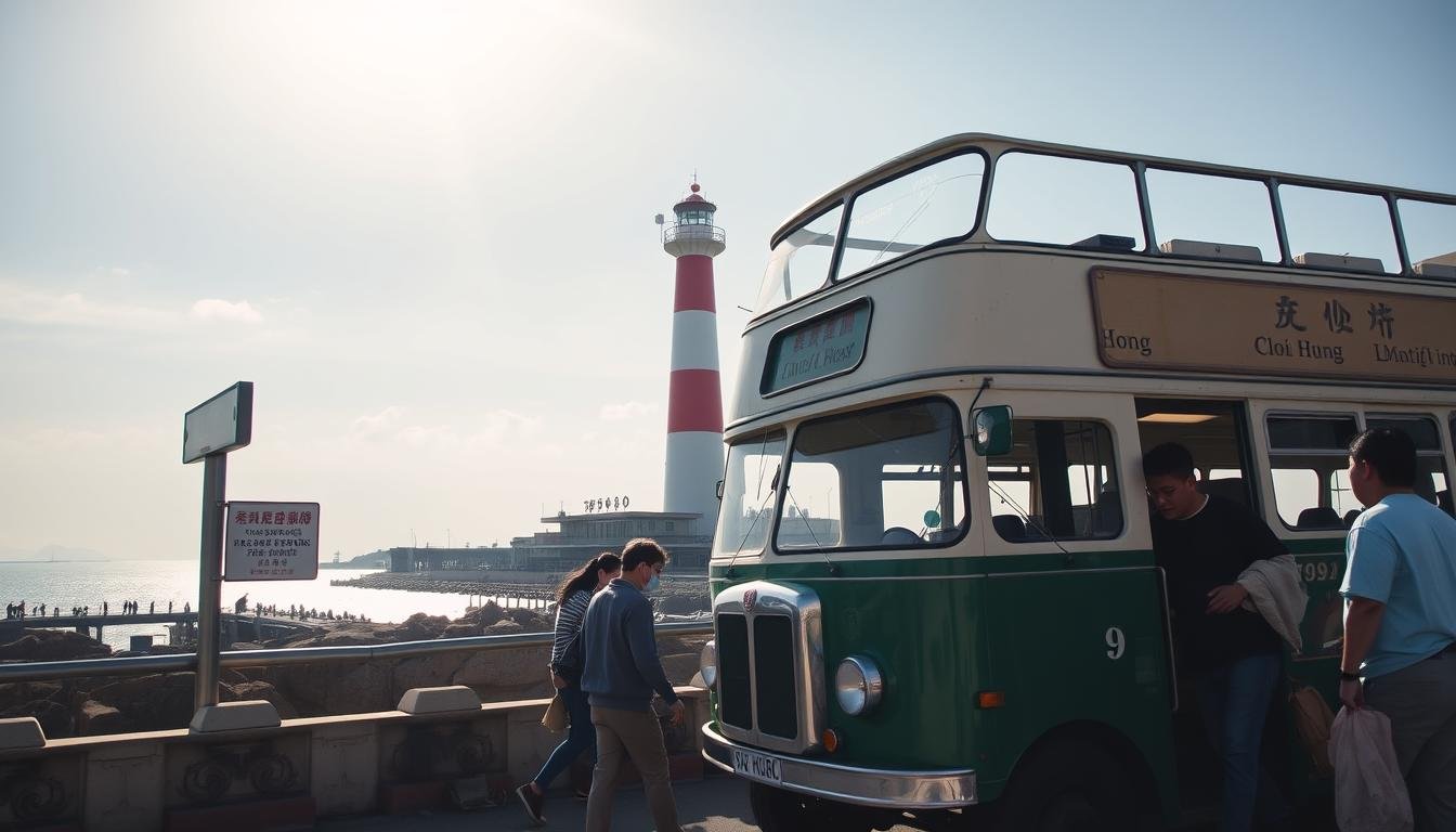 Crisp, sun-drenched morning at the Choi Hung bus stop in Sai Kung. A traditional green-and-white Hong Kong double-decker bus, No. 9, glides to a halt, its weathered exterior contrasting with the gleaming chrome fittings. Passengers alight, their casual attire and relaxed expressions suggesting an unhurried journey. In the background, the iconic Sai Kung Pier lighthouse stands tall, its red-and-white striped tower a beacon for adventurous souls. The scene exudes a sense of local community and timeless charm, inviting the viewer to explore the natural wonders that lie beyond this modest transportation hub.