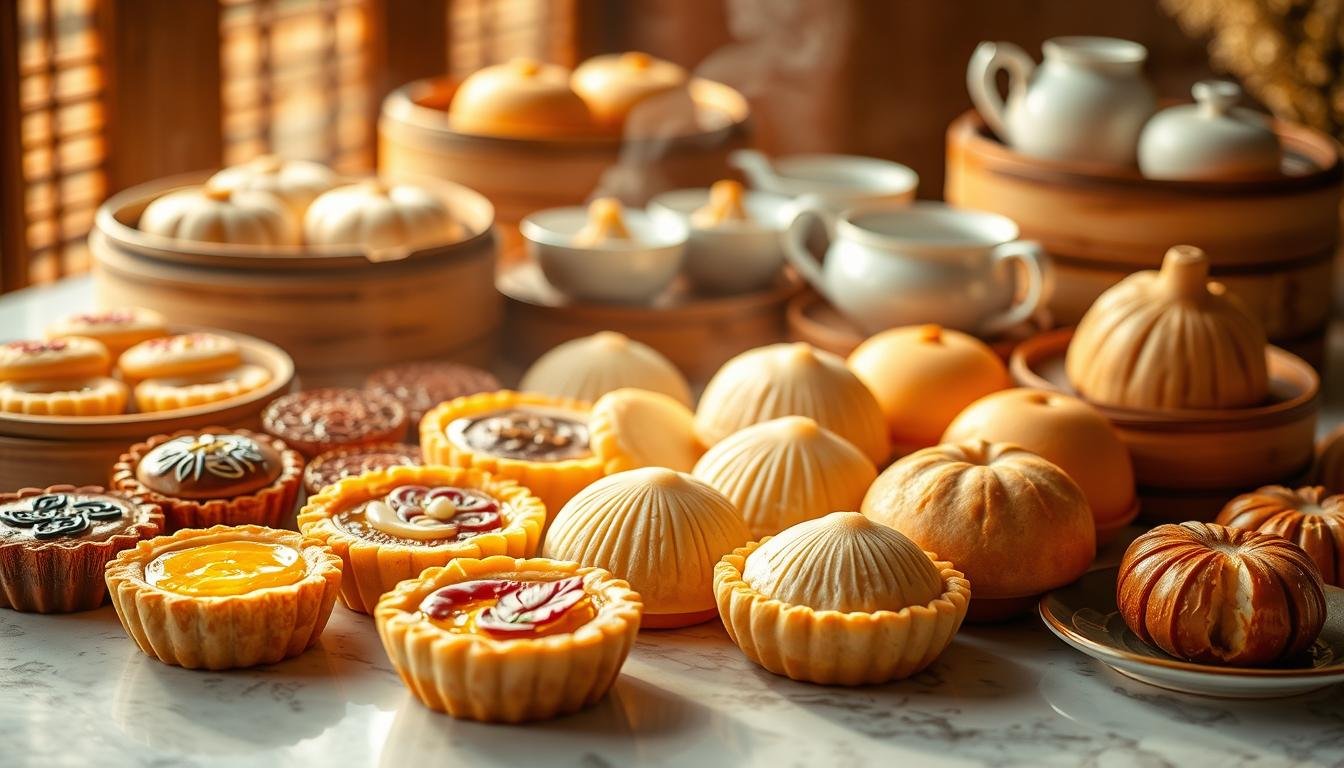 Delicate Cantonese pastries arranged in an elegant display, meticulously crafted with intricate patterns and vibrant colors. A tempting array of flaky egg tarts, fluffy buns, and delicate steamed dumplings, each a work of culinary art. The scene is bathed in warm, golden light, creating a cozy, inviting atmosphere. The pastries are set against a backdrop of traditional bamboo steamers and porcelain tea cups, evoking the essence of Hong Kong's renowned tea house culture. The composition is balanced and visually striking, capturing the refined elegance and mouthwatering allure of these Michelin-starred delicacies.