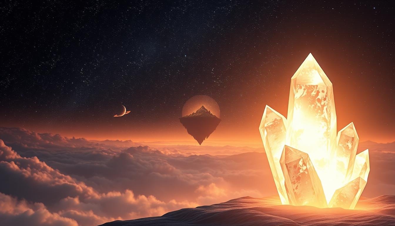 Enchanting celestial landscape with a large, radiant crystal formation as the focal point. In the foreground, the crystal glimmers under warm, soft lighting, casting an ethereal glow across the scene. The middle ground features a dreamlike, floating island suspended in a vast, starry night sky, dotted with celestial bodies. The background is a deep, inky expanse of space, hinting at the boundless mysteries of the cosmos. The overall mood is one of tranquility, wonder, and a sense of the sublime. Delicate, otherworldly details bring the image to life, capturing the essence of the "Taikoo Place Art & Handcraft Market" experience.