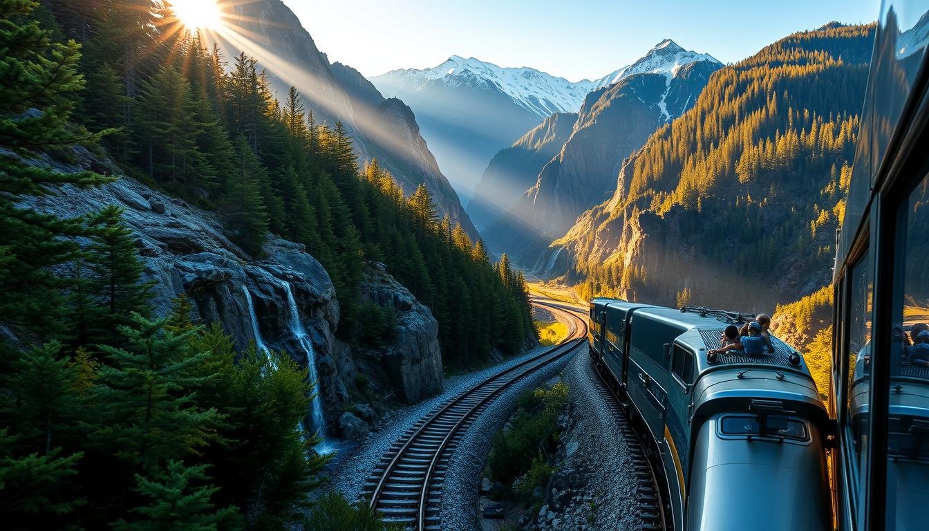 Majestic panorama of the Tateyama Kurobe Alpine Route, Japan's stunning mountainous landscape. A powerful diesel locomotive navigates the rugged Kurobe Gorge, its sleek design and gleaming metal body contrasting with the towering granite cliffs and lush, verdant forests surrounding it. Rays of golden sunlight filter through the dense foliage, illuminating the winding tracks that snake through the dramatic terrain. Passengers gaze out from the train's large windows, captivated by the awe-inspiring vistas of cascading waterfalls, steep ravines, and snow-capped peaks in the distance. The scene exudes a sense of adventurous exploration and immersion in Japan's breathtaking alpine wilderness.