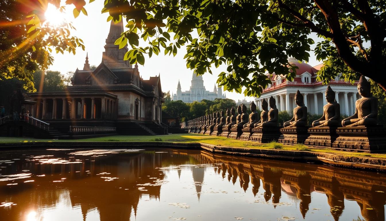 Sunlight filters through lush, verdant foliage, casting a warm glow over the ancient ruins of Ayutthaya, a former capital of Siam. In the foreground, a serene pond reflects the ornate spires and crumbling walls of a historic temple, its weathered stone softened by the passage of time. Middle-ground vistas reveal rows of majestic Buddha statues, their serene expressions bearing witness to the enduring spirituality of this revered site. The background is dominated by the graceful curves of a royal palace, its elegant architecture a testament to the grandeur of Ayutthaya's golden age. The overall scene evokes a sense of timeless wonder, inviting the viewer to imagine the vibrant history and cultural heritage of this captivating Thai destination. Sunlight filters through lush, verdant foliage, casting a warm glow over the ancient ruins of Ayutthaya, a former capital of Siam. In the foreground, a serene pond reflects the ornate spires and crumbling walls of a historic temple, its weathered stone softened by the passage of time. Middle-ground vistas reveal rows of majestic Buddha statues, their serene expressions bearing witness to the enduring spirituality of this revered site. The background is dominated by the graceful curves of a royal palace, its elegant architecture a testament to the grandeur of Ayutthaya's golden age. The overall scene evokes a sense of timeless wonder, inviting the viewer to imagine the vibrant history and cultural heritage of this captivating Thai destination.