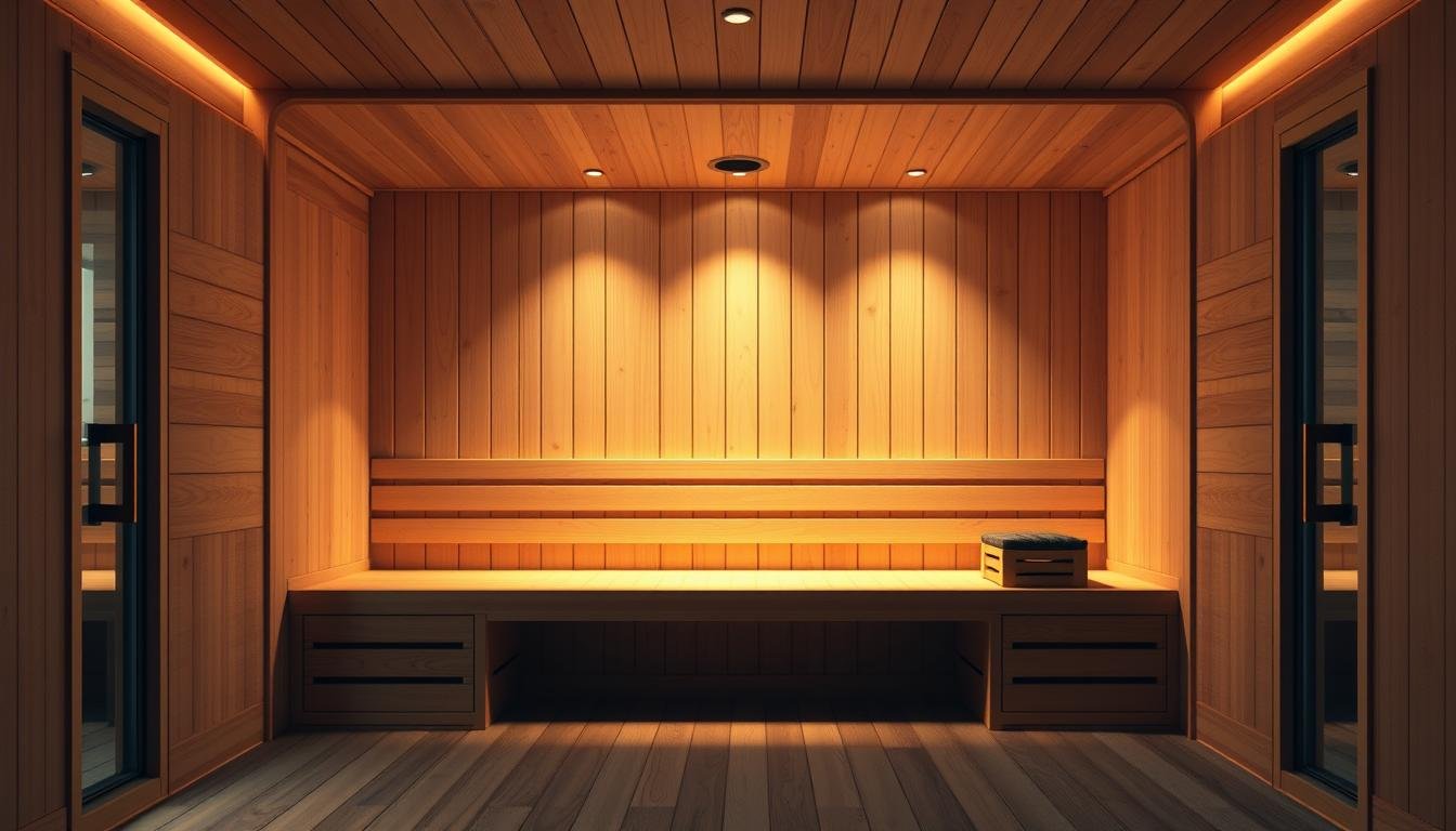a highly detailed, photorealistic illustration of a modern, sleek and spacious sauna room with a focus on highlighting the key features that individuals should consider when selecting the ideal sauna for their personal needs and wellness goals. The scene depicts the sauna from a slightly elevated perspective, showcasing the clean lines, minimalist design, and high-quality materials used in its construction. The lighting is warm and evenly distributed, creating a soothing and relaxing ambiance. The sauna is empty, allowing the viewer to envision themselves experiencing its benefits. The background is blurred, keeping the focus on the sauna itself and its key attributes. The overall mood is one of tranquility, comfort, and a sense of personal rejuvenation.