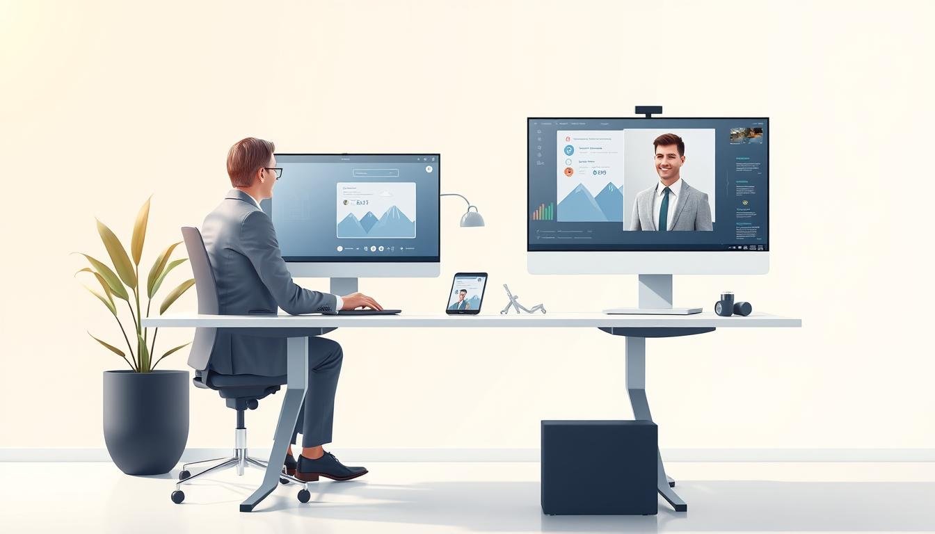 a meticulously rendered digital illustration depicting an online consultation service for high-end travel agency clients, set against a clean, modern background with warm, soft lighting from the side. The foreground features a professional, well-dressed travel consultant engaging in a virtual meeting with a customer, both parties visible on separate screens displayed on a sleek, minimalist desk setup. The middle ground showcases various travel-related icons and graphics subtly integrated into the design, while the background hints at serene, natural landscapes suggestive of the luxury destinations the agency specializes in. The overall composition conveys a sense of personalized, attentive service and a seamless, high-quality travel planning experience.