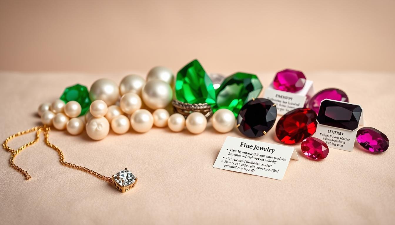A beautifully crafted still life arrangement showcasing an array of fine jewelry materials. In the foreground, a delicate gold chain and a sparkling diamond ring rest upon a soft, velvet-like surface. The midground features a range of gemstones, including gleaming pearls, shimmering emeralds, and vibrant rubies, each accompanied by a small informative card detailing their properties and care instructions. The background is a muted, neutral tone, allowing the jewelry to take center stage and drawing the viewer's eye to the intricate details. Soft, diffused lighting casts gentle shadows, emphasizing the textures and creating an elegant, high-end atmosphere. The overall composition is balanced and visually appealing, showcasing the beauty and versatility of these premium jewelry materials.