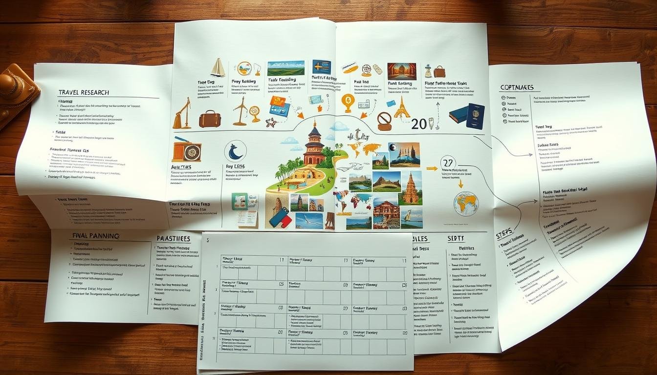 A bird's-eye view of a comprehensive travel planning process. A well-organized roadmap unfolds, detailing the key steps from initial research to final itinerary. In the foreground, a carefully crafted calendar outlines the daily activities, while in the middle ground, a collage of travel icons - luggage, maps, passports - suggests the preparation and logistics involved. The background reveals a serene landscape, hinting at the ultimate destination and the sense of adventure to come. Soft, warm lighting enhances the overall mood of anticipation and readiness. This image conveys the methodical, yet exciting, nature of travel planning, guiding the viewer through the essential "行程實戰流程".