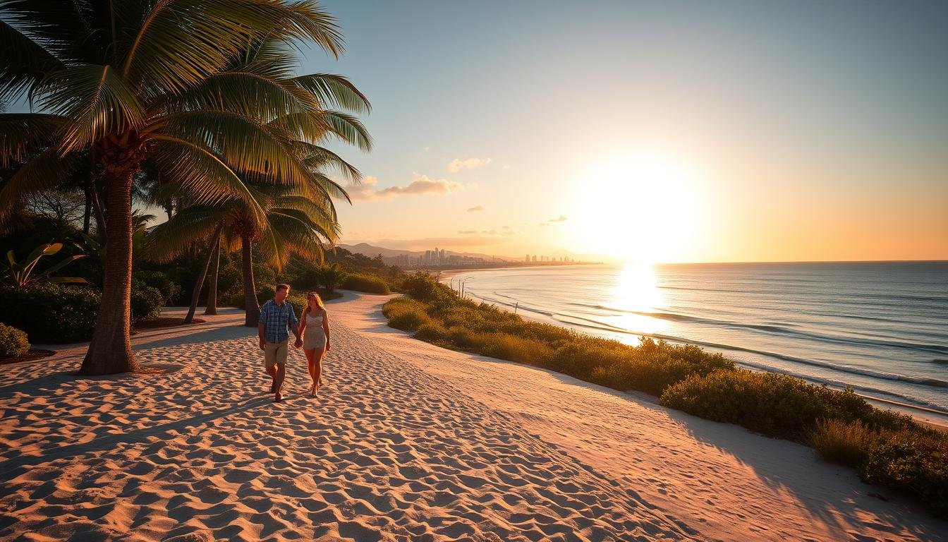 A breathtaking coastal landscape with a serene ocean view, bathed in warm golden sunlight. In the foreground, a picturesque beach with soft, white sand and gentle waves lapping at the shore. Lush, verdant palm trees sway in the breeze, casting gentle shadows on the tranquil scene. The middle ground features a meandering path leading along the coastline, with couples strolling hand-in-hand, lost in romantic conversation. In the distance, a vibrant coastal city skyline emerges, its high-rises and skyscrapers aglow with the vibrant colors of the setting sun. The overall atmosphere is one of peaceful tranquility and intimate charm, perfect for a couples' photoshoot or a leisurely stroll under the fading daylight.