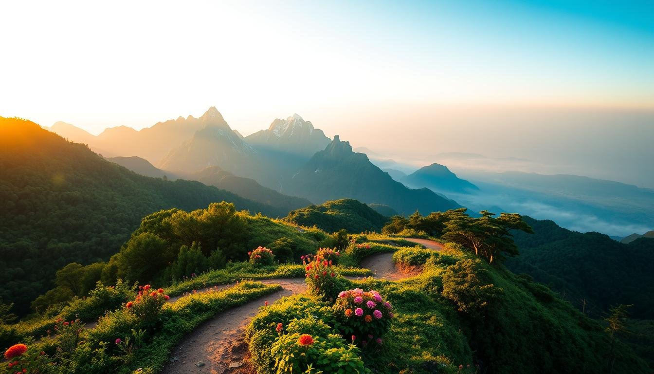 A breathtaking landscape of Taiwan's iconic mountain trails, captured in stunning detail. In the foreground, a winding path winds through lush, verdant forests, dotted with vibrant wildflowers. The middle ground reveals towering, rugged peaks, their snow-capped summits gleaming in the soft, golden light of the setting sun. In the distance, a misty blue haze envelops the horizon, adding a sense of depth and mystery to the scene. The composition is balanced and harmonious, with a cinematic quality that draws the viewer in, inviting them to explore the captivating beauty of Taiwan's renowned mountaineering routes.