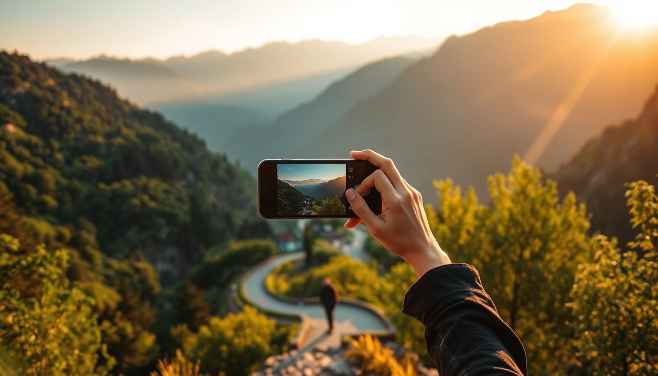A breathtaking landscape of a serene mountainous region, with a winding road leading to a quaint village nestled among lush, verdant foliage. The warm, golden sunlight filters through the trees, casting a soft, romantic glow over the scene. In the foreground, a person standing amidst the natural beauty, capturing the moment with a smartphone, their movements frozen in time. The composition showcases the effortless elegance of mobile photography, blending the stunning environment with the simplicity of the handheld device. Crisp, detailed, and evocative, this image perfectly encapsulates the essence of travel photography and the allure of exploring the world through the lens of a smartphone.