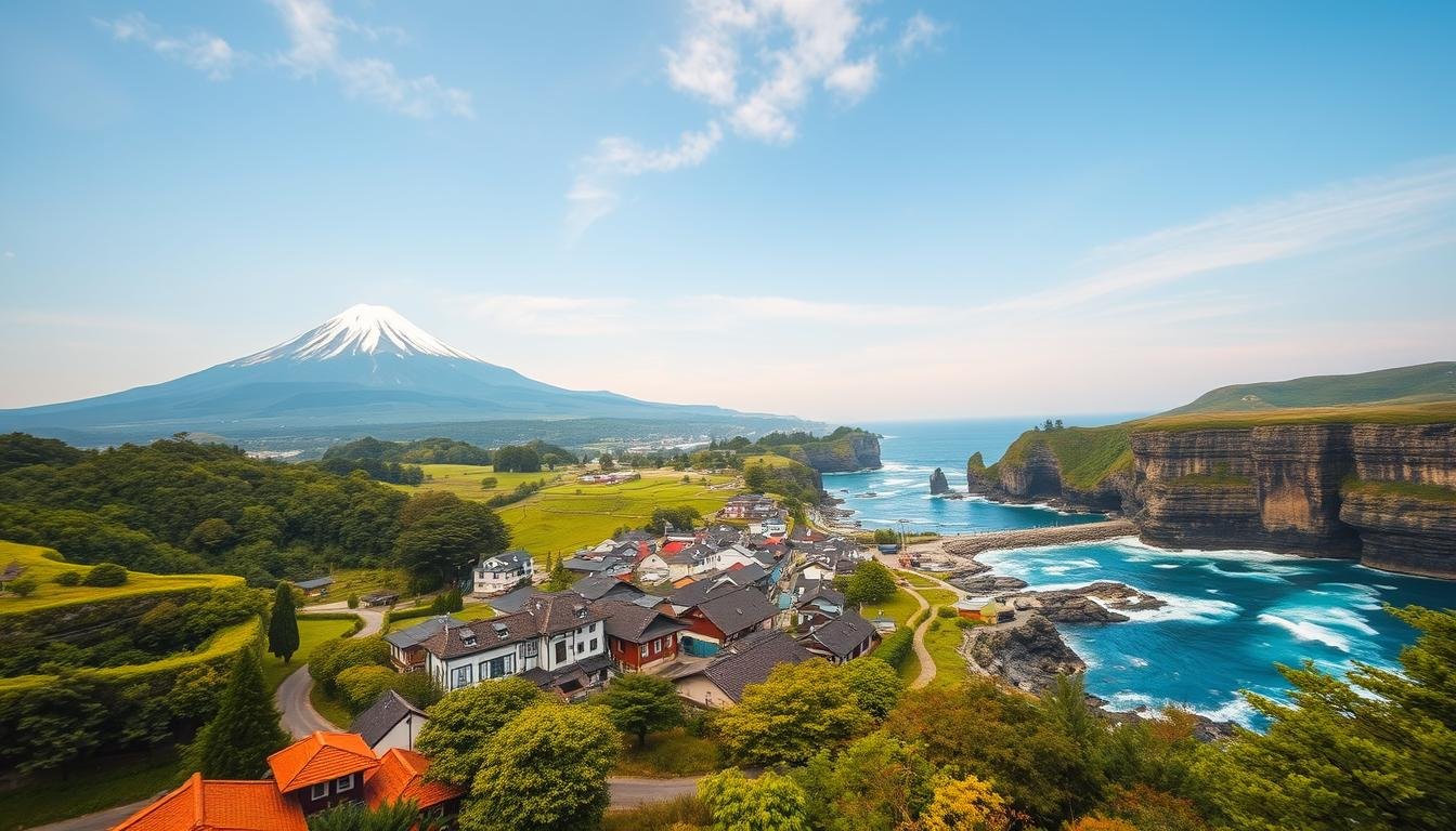 A breathtaking landscape showcasing the natural wonders of Japan's central and northern Hokuriku regions. In the foreground, the iconic silhouette of Mount Fuji rises majestically, its snow-capped peak illuminated by warm, golden light. In the middle ground, a quaint, traditional village nestled among lush, rolling hills, its charming architecture and cobblestone streets reflecting the rich cultural heritage of the area. In the background, a dramatic coastline where the azure waters of the Sea of Japan crash against rugged, sculpted cliffs, creating a stunning natural spectacle. The scene is bathed in a soft, ethereal glow, evoking a sense of tranquility and timelessness. Captured through the lens of a high-quality, wide-angle camera, this breathtaking vista showcases the diverse and awe-inspiring landscapes that define this remarkable region of Japan. A breathtaking landscape showcasing the natural wonders of Japan's central and northern Hokuriku regions. In the foreground, the iconic silhouette of Mount Fuji rises majestically, its snow-capped peak illuminated by warm, golden light. In the middle ground, a quaint, traditional village nestled among lush, rolling hills, its charming architecture and cobblestone streets reflecting the rich cultural heritage of the area. In the background, a dramatic coastline where the azure waters of the Sea of Japan crash against rugged, sculpted cliffs, creating a stunning natural spectacle. The scene is bathed in a soft, ethereal glow, evoking a sense of tranquility and timelessness. Captured through the lens of a high-quality, wide-angle camera, this breathtaking vista showcases the diverse and awe-inspiring landscapes that define this remarkable region of Japan.