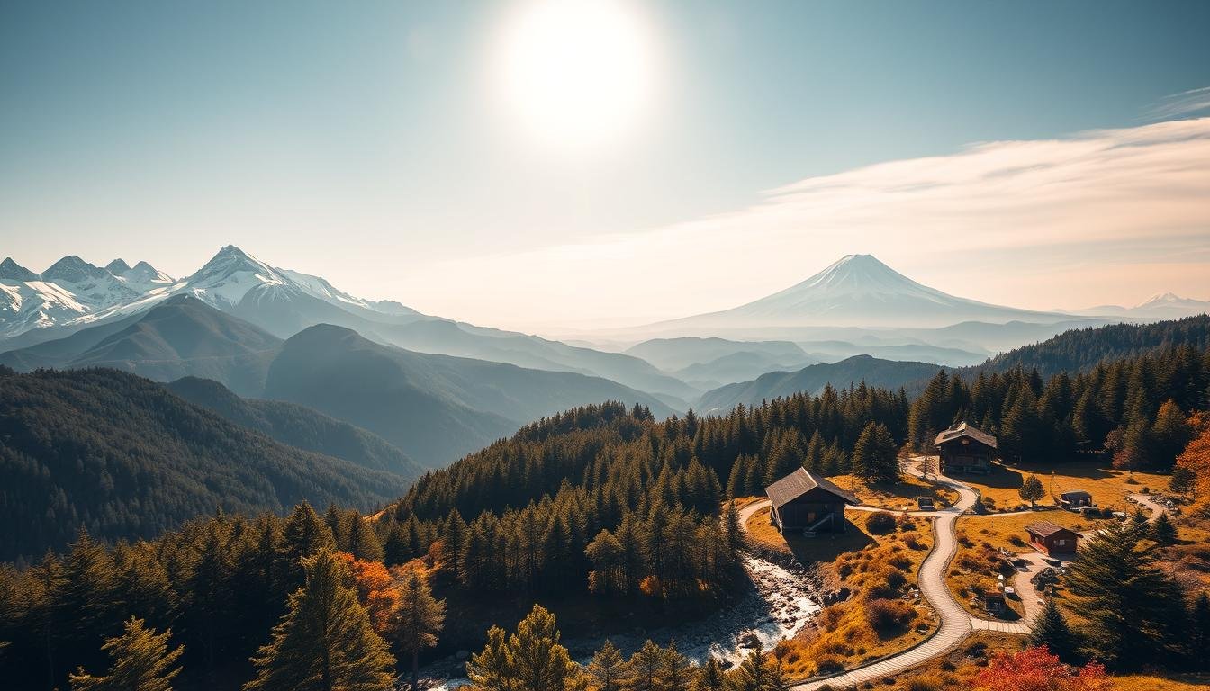 A breathtaking vista of Japan's iconic mountain trails, captured in stunning detail. Rugged peaks pierce the sky, their snow-capped summits glowing in the warm sunlight. Winding paths weave through verdant forests, leading hikers past tranquil mountain streams and quaint mountain huts. Sunlight filters through the canopy, casting a serene glow over the serene landscape. In the distance, Mount Fuji's majestic silhouette rises, a timeless symbol of Japan's natural beauty. The scene exudes a sense of adventure and exploration, inviting the viewer to embark on an unforgettable journey through Japan's magnificent high country.