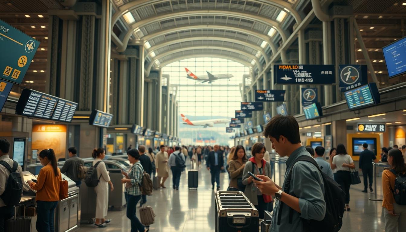 A bustling Hong Kong airport terminal, with travelers navigating through security checkpoints and boarding gates. The scene is captured in a cinematic, wide-angle view, showcasing the towering architecture, digital displays, and the flow of people. Soft, warm lighting illuminates the space, creating a sense of anticipation and excitement. In the foreground, a traveler stands at a ticket counter, engaged in a transaction, while others in the middle ground consult their smartphones, searching for flight details. The background is filled with the hustle and bustle of the airport, with luggage carts, airline staff, and the occasional glimpse of an aircraft taking off or landing. A bustling Hong Kong airport terminal, with travelers navigating through security checkpoints and boarding gates. The scene is captured in a cinematic, wide-angle view, showcasing the towering architecture, digital displays, and the flow of people. Soft, warm lighting illuminates the space, creating a sense of anticipation and excitement. In the foreground, a traveler stands at a ticket counter, engaged in a transaction, while others in the middle ground consult their smartphones, searching for flight details. The background is filled with the hustle and bustle of the airport, with luggage carts, airline staff, and the occasional glimpse of an aircraft taking off or landing.