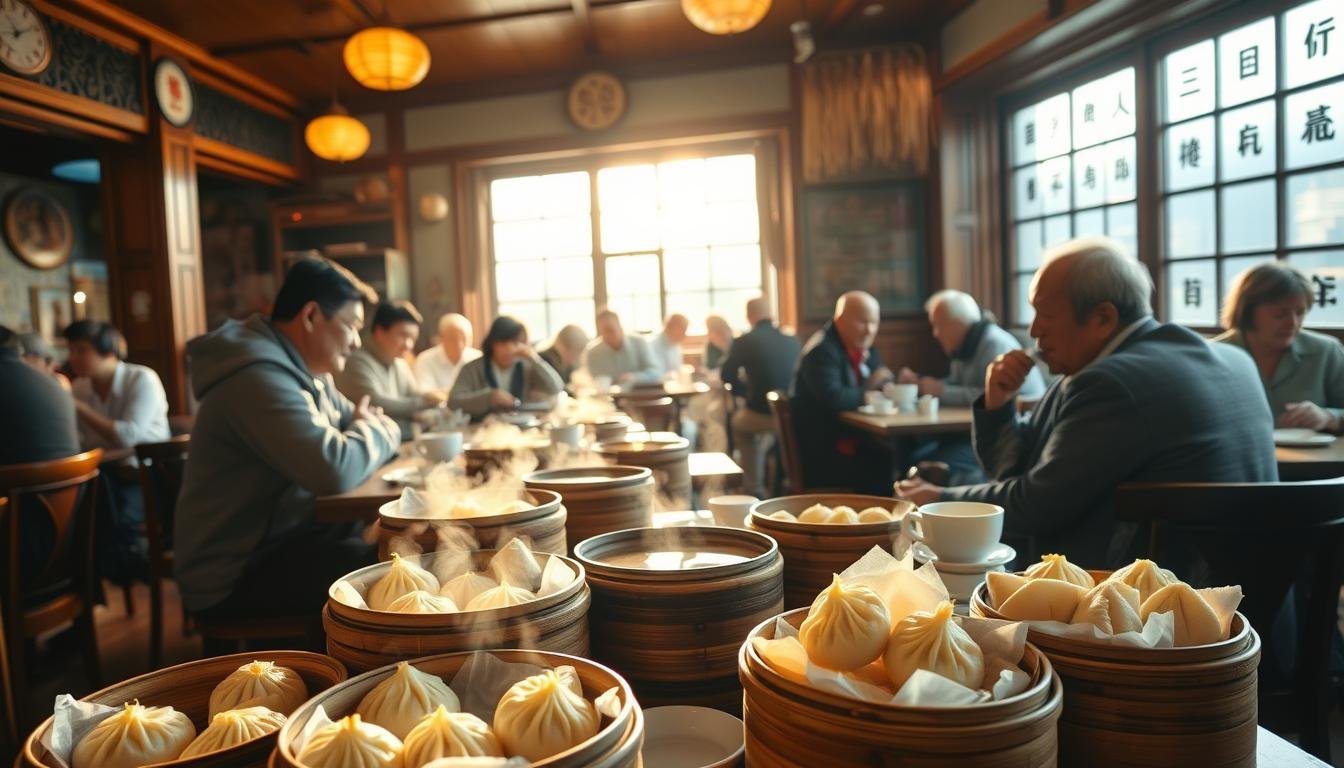 A bustling Hong Kong tea house, filled with the aroma of fragrant tea and the chatter of locals enjoying their morning dim sum. Sunlight filters through the large windows, casting a warm glow on the traditional wooden furnishings and the array of delectable dishes on the tables. In the foreground, steaming baskets of xiao long bao, silky smooth egg tarts, and delicate rice rolls beckon, while in the background, elderly patrons sip their tea, immersed in conversation. The scene exudes a sense of timeless heritage and the vibrant energy of Hong Kong's renowned food culture. A bustling Hong Kong tea house, filled with the aroma of fragrant tea and the chatter of locals enjoying their morning dim sum. Sunlight filters through the large windows, casting a warm glow on the traditional wooden furnishings and the array of delectable dishes on the tables. In the foreground, steaming baskets of xiao long bao, silky smooth egg tarts, and delicate rice rolls beckon, while in the background, elderly patrons sip their tea, immersed in conversation. The scene exudes a sense of timeless heritage and the vibrant energy of Hong Kong's renowned food culture.