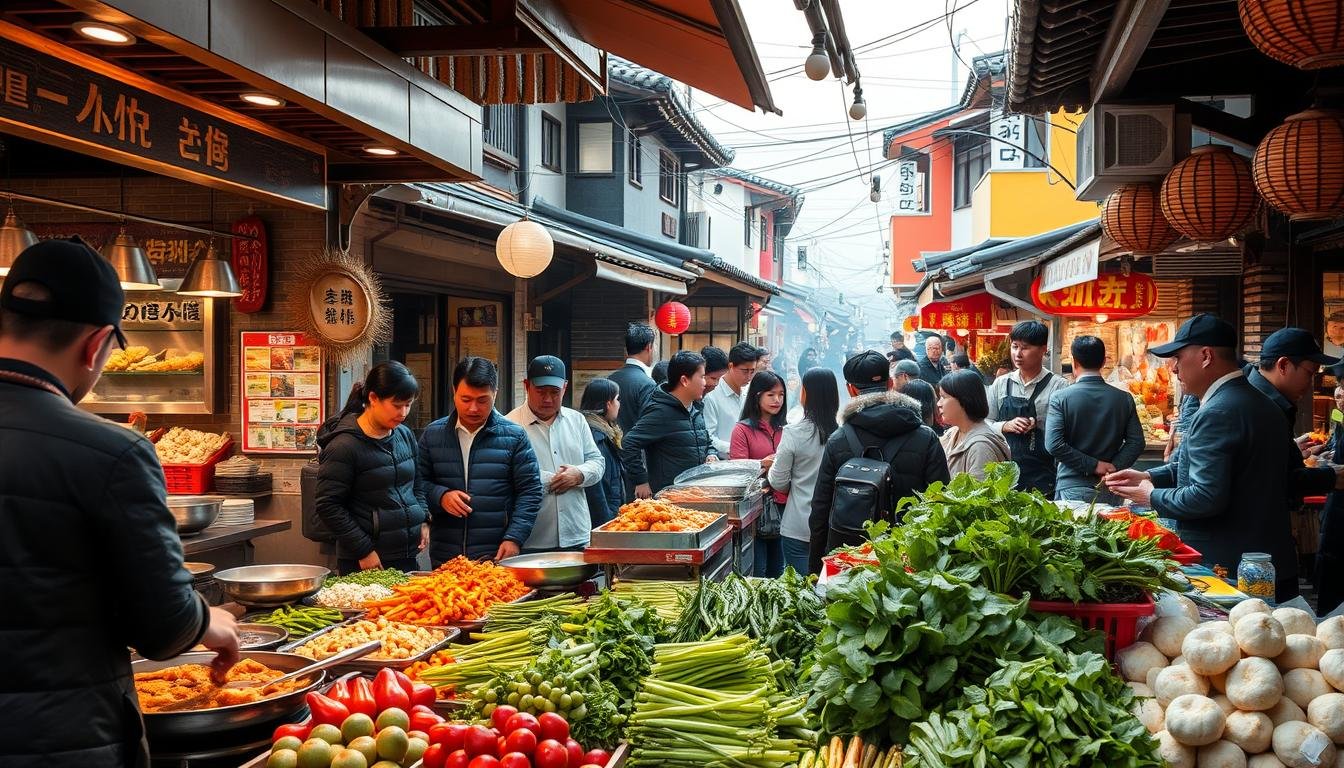 A bustling Korean street market, vibrant with the aromas of sizzling barbecue, fermented kimchi, and freshly steamed dumplings. In the foreground, a group of locals and visitors gather around a cooking demonstration, captivated by the intricate techniques of traditional Korean cuisine. The middle ground showcases an array of colorful produce, from glistening vegetables to fragrant herbs, highlighting the diversity of the Korean food culture. In the background, traditional hanok-style buildings and lively street vendors add to the authentic atmosphere, creating a scene that invites the viewer to immerse themselves in the richness of Korean culinary traditions.