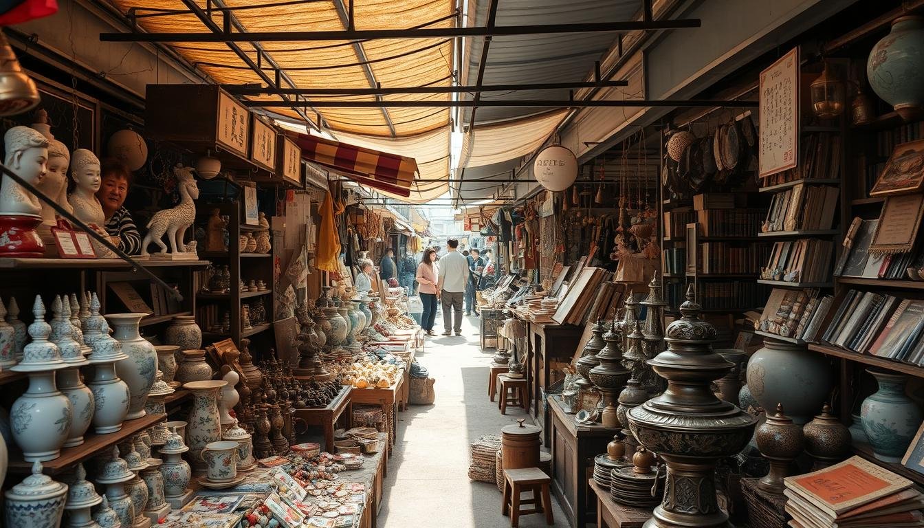 A bustling Seoul flea market, filled with rows of weathered stalls offering a treasure trove of vintage Korean antiques and collectibles. Sunlight filters through the canopy, casting a warm glow over the scene. In the foreground, a whimsical display of ceramic figurines, brass incense burners, and intricate jewelry beckons the discerning collector. Further back, the market teems with life - shoppers haggling over a rare porcelain vase, artisans showcasing their handcrafted wares, and the aroma of street food mingling with the scent of old books. The atmosphere is one of discovery, history, and the thrill of the hunt, inviting the viewer to explore the vibrant tapestry of Korean cultural heritage.