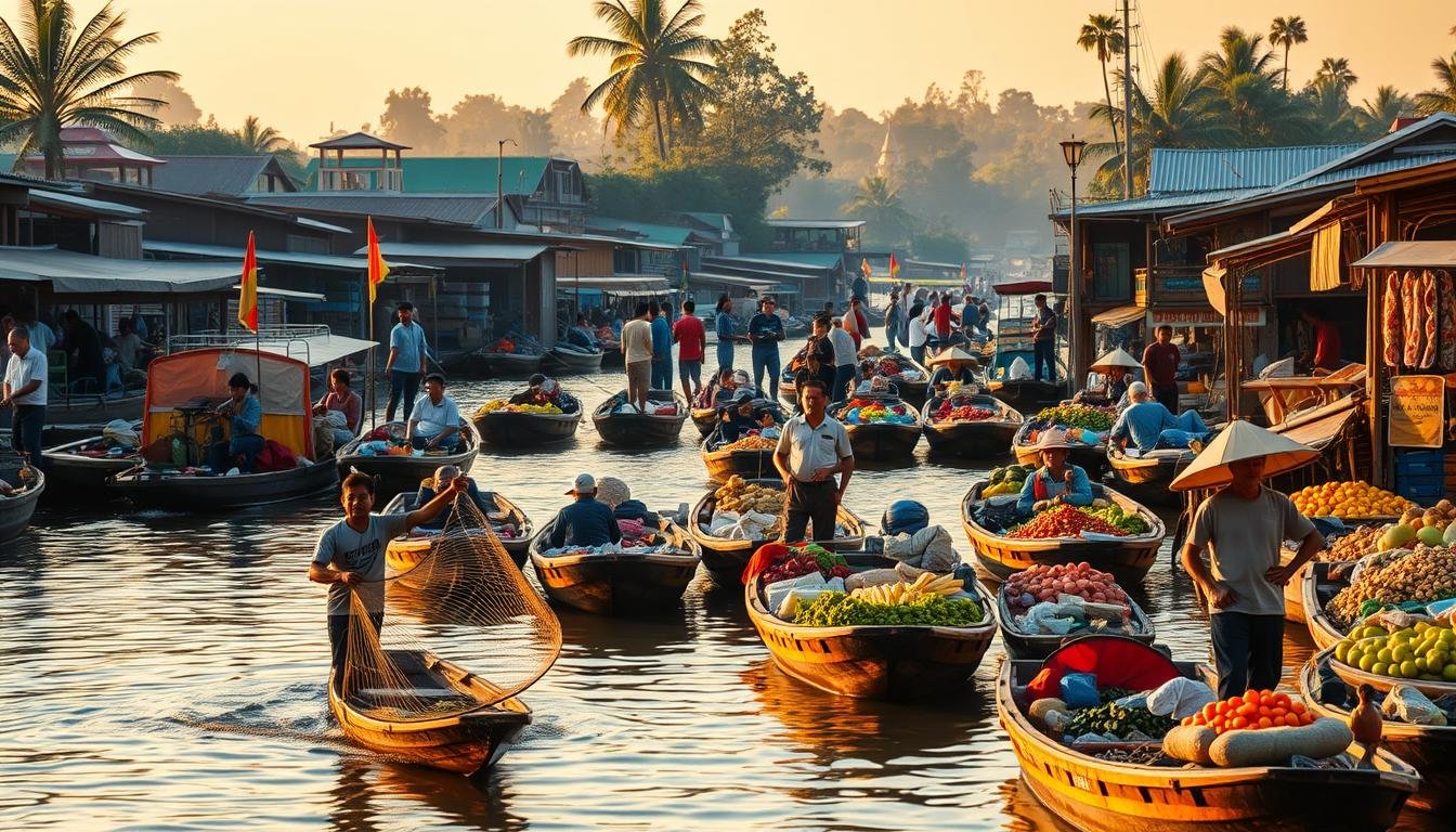 A bustling Thai floating market, captured in the golden hour. Colorful boats brimming with fresh produce and local delicacies drift across the tranquil waters, as vendors haggle and shoppers browse. The scene is bathed in warm, soft light, accentuating the vibrant hues of the market's wares. In the foreground, a fisherman casts his net, while in the middle ground, shoppers peruse the stalls, chatting animatedly. The background is a hazy tapestry of lush foliage and wooden structures, creating a sense of immersion in this quintessential Thai marketplace. The overall atmosphere is one of lively activity, cultural authenticity, and the timeless allure of this iconic water-based trading hub.