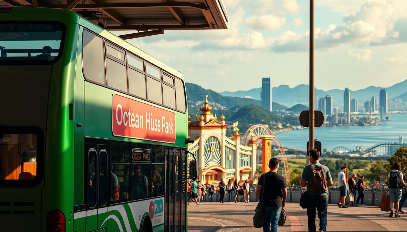 A bustling bus stop in the heart of Ocean Park, Hong Kong. The foreground features a detailed rendering of a double-decker city bus, its vibrant green and white livery capturing the essence of public transportation. The middle ground showcases the iconic landmarks of Ocean Park, including the distinctive Park entrance and the towering roller coasters that dot the landscape. In the background, a panoramic view of the surrounding hills and the shimmering waters of the South China Sea create a picturesque and immersive scene. The lighting is warm and natural, with soft shadows and highlights that accentuate the depth and texture of the environment. The overall mood is one of bustling activity and adventure, inviting the viewer to imagine themselves embarking on a journey through this vibrant and well-connected urban landscape.
