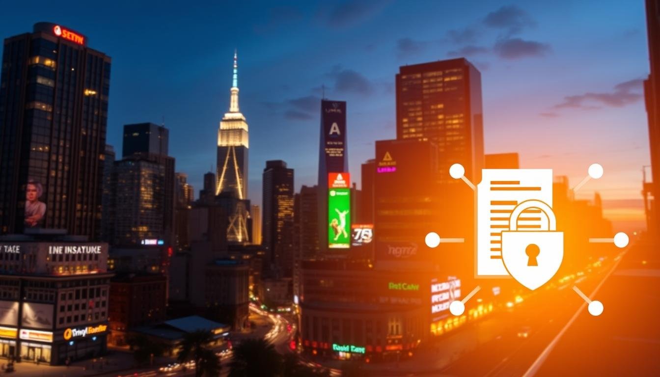 A bustling city skyline at dusk, with towering skyscrapers and neon signs illuminating the streets below. In the foreground, a stylized icon of a travel insurance policy and a secure internet connection, representing the essential considerations for safe and connected travel. The scene is bathed in a warm, golden light, conveying a sense of security and preparedness. The image suggests the importance of comprehensive travel planning, with a focus on protecting one's well-being and digital presence while exploring the vibrant sights and sounds of the city.