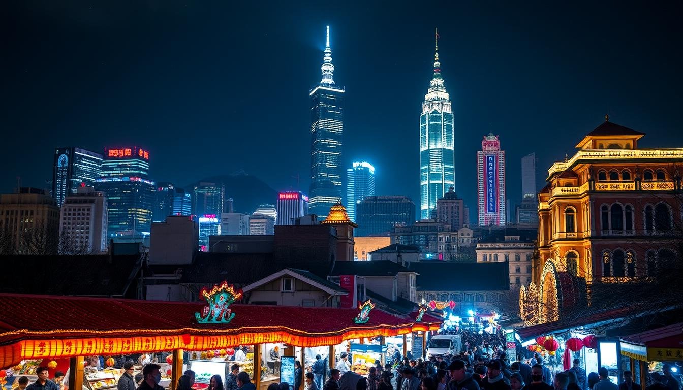 A bustling city skyline at night, bathed in a warm glow of twinkling holiday lights. In the foreground, a sprawling night market comes alive with vibrant lanterns, festive stalls, and crowds of locals and tourists alike. Tall skyscrapers and historic buildings loom in the background, their facades illuminated by a symphony of colorful lights. The air is crisp and electric, filled with the sounds of laughter, music, and the sizzle of street food. A sense of joy and celebration permeates the scene, capturing the essence of Taiwan's winter festival season.