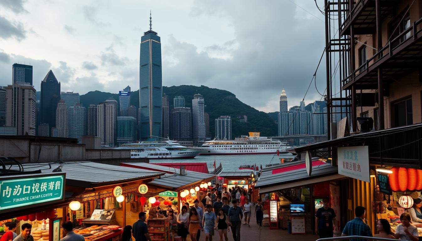 A bustling city skyline of Hong Kong, with towering skyscrapers and iconic landmarks like the Bank of China Tower and the International Finance Centre. In the foreground, a colorful night market with lively stalls selling street food, handicrafts, and local souvenirs. Neon signs and lanterns illuminate the scene, creating a vibrant and atmospheric ambiance. The middle ground features a busy harbor, with ferries and boats gliding across the waters, and the famous Star Ferry terminal in the distance. In the background, the majestic Victoria Peak looms over the city, its lush green slopes contrasting with the urban landscape. The lighting is a warm, golden hue, evoking a sense of energy and excitement. The camera angle is slightly elevated, capturing the dynamic and bustling nature of this quintessential Hong Kong experience.