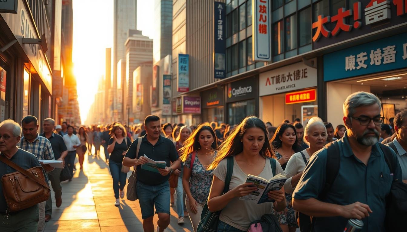A bustling city street during the golden hour, with people hurrying through the frame, their faces conveying a sense of calculated efficiency. In the foreground, a group of tourists stands by a travel agency's window, poring over brochures and discussing options. The middle ground features a mix of local residents and bargain-hunting visitors, navigating through the crowd with purposeful strides. In the background, towering skyscrapers and neon signs create a vibrant, slightly hazy atmosphere, hinting at the diverse offerings of the city. The lighting is warm and inviting, casting a soft glow over the scene, emphasizing the rhythm and pace of this price-conscious, time-sensitive travel experience. A bustling city street during the golden hour, with people hurrying through the frame, their faces conveying a sense of calculated efficiency. In the foreground, a group of tourists stands by a travel agency's window, poring over brochures and discussing options. The middle ground features a mix of local residents and bargain-hunting visitors, navigating through the crowd with purposeful strides. In the background, towering skyscrapers and neon signs create a vibrant, slightly hazy atmosphere, hinting at the diverse offerings of the city. The lighting is warm and inviting, casting a soft glow over the scene, emphasizing the rhythm and pace of this price-conscious, time-sensitive travel experience.
