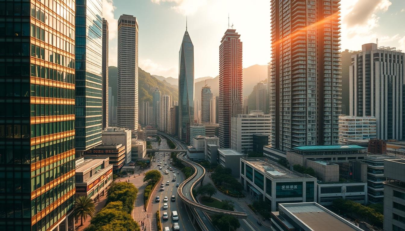 A bustling cityscape of Hong Kong, captured from a dynamic vantage point. Towering skyscrapers, their glass facades reflecting the vibrant city life below, stand tall against a backdrop of lush, verdant hills. The camera is positioned to showcase the stunning juxtaposition of the natural and man-made elements, framing the iconic landmarks and bustling streets in a cinematic, wide-angle perspective. Warm, golden sunlight filters through the urban landscape, casting dramatic shadows and highlighting the intricate architectural details. The scene is alive with the energy of the city, with pedestrians and vehicles navigating the winding roads. The overall composition conveys a sense of the unique visual experience of Hong Kong, capturing the essence of its captivating beauty and dynamic character.
