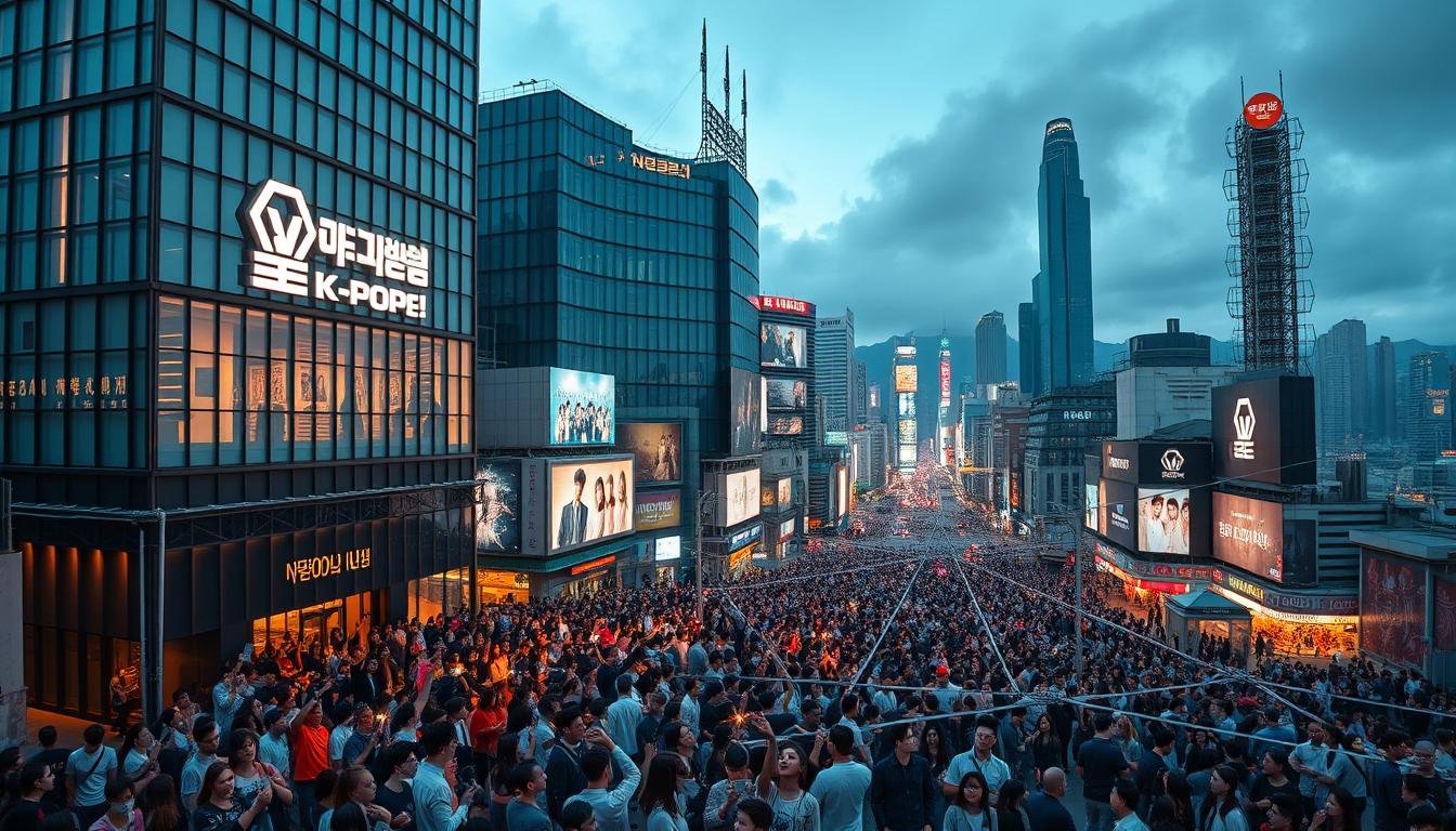 A bustling cityscape of Seoul, the heart of the K-pop industry. In the foreground, a modern high-rise building with the logo of a major entertainment company. Throngs of fans, adorned in lightsticks and K-pop merchandise, gather outside, eagerly awaiting the latest idol group's debut. In the middle ground, a network of interconnected platforms, each showcasing the latest K-pop music videos, digital album releases, and social media updates. The background is a panoramic view of the city, with towering skyscrapers, neon-lit billboards, and a vibrant nightlife scene. The overall atmosphere is one of energy, hype, and the relentless pursuit of global K-pop domination, captured through a cinematic wide-angle lens with warm, saturated tones.