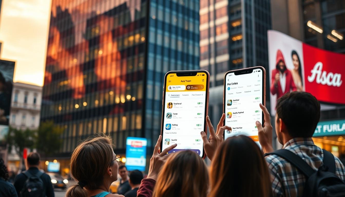 A bustling cityscape with a modern office building in the background, its sleek glass facade reflecting the vibrant street below. In the foreground, a group of people are gathered around a large digital screen, exploring travel options and booking tickets through a popular mobile app interface. The scene is bathed in warm, ambient lighting, creating a sense of efficiency and excitement as they plan their upcoming adventures. The app's vibrant, user-friendly design is showcased, inviting the viewer to imagine the ease of discovering and securing memorable local experiences at their fingertips.