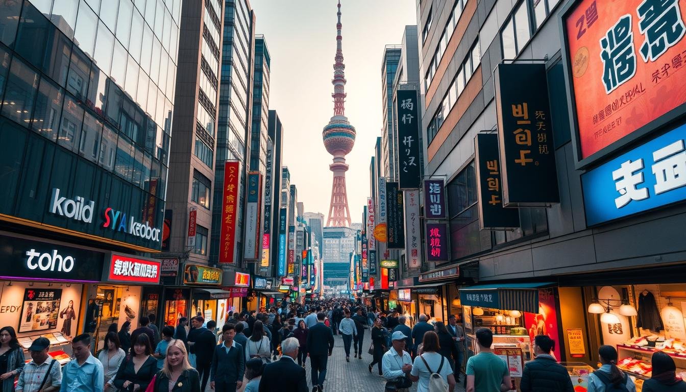 A bustling commercial district in the heart of Seoul, Myeong-dong is a vibrant shopping haven. The wide, pedestrian-friendly streets are lined with towering modern buildings, their glass facades reflecting the energetic crowds below. Storefronts display an array of designer fashion, cosmetics, and street food stalls, creating a visually striking scene. Warm, directional lighting illuminates the scene, casting a cozy glow over the lively atmosphere. In the background, the iconic Seoul Tower stands tall, overlooking the district's lively energy. Capture the essence of this iconic Korean shopping destination, showcasing its unique architectural elements, bustling crowds, and captivating atmosphere. A bustling commercial district in the heart of Seoul, Myeong-dong is a vibrant shopping haven. The wide, pedestrian-friendly streets are lined with towering modern buildings, their glass facades reflecting the energetic crowds below. Storefronts display an array of designer fashion, cosmetics, and street food stalls, creating a visually striking scene. Warm, directional lighting illuminates the scene, casting a cozy glow over the lively atmosphere. In the background, the iconic Seoul Tower stands tall, overlooking the district's lively energy. Capture the essence of this iconic Korean shopping destination, showcasing its unique architectural elements, bustling crowds, and captivating atmosphere.