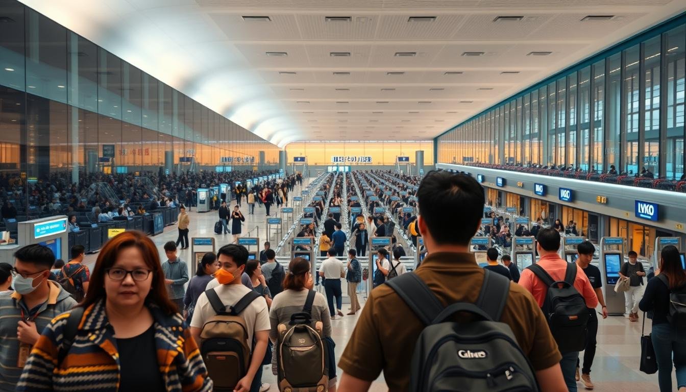 A bustling cross-border scene from a Hong Kong resident's perspective. In the foreground, a group of travelers with luggage and backpacks navigate the terminal, their faces reflecting a mix of anticipation and familiarity. The middle ground reveals the orderly queues at immigration counters, an intricate dance of digital kiosks and efficient border control. In the background, a panoramic view of the airport's sleek architecture and gleaming glass facades, bathed in warm, diffused lighting that evokes a sense of modernity and seamless connectivity. The overall atmosphere conveys the practical yet cosmopolitan experience of booking and embarking on a cross-border journey through the eyes of a Hong Kong resident.