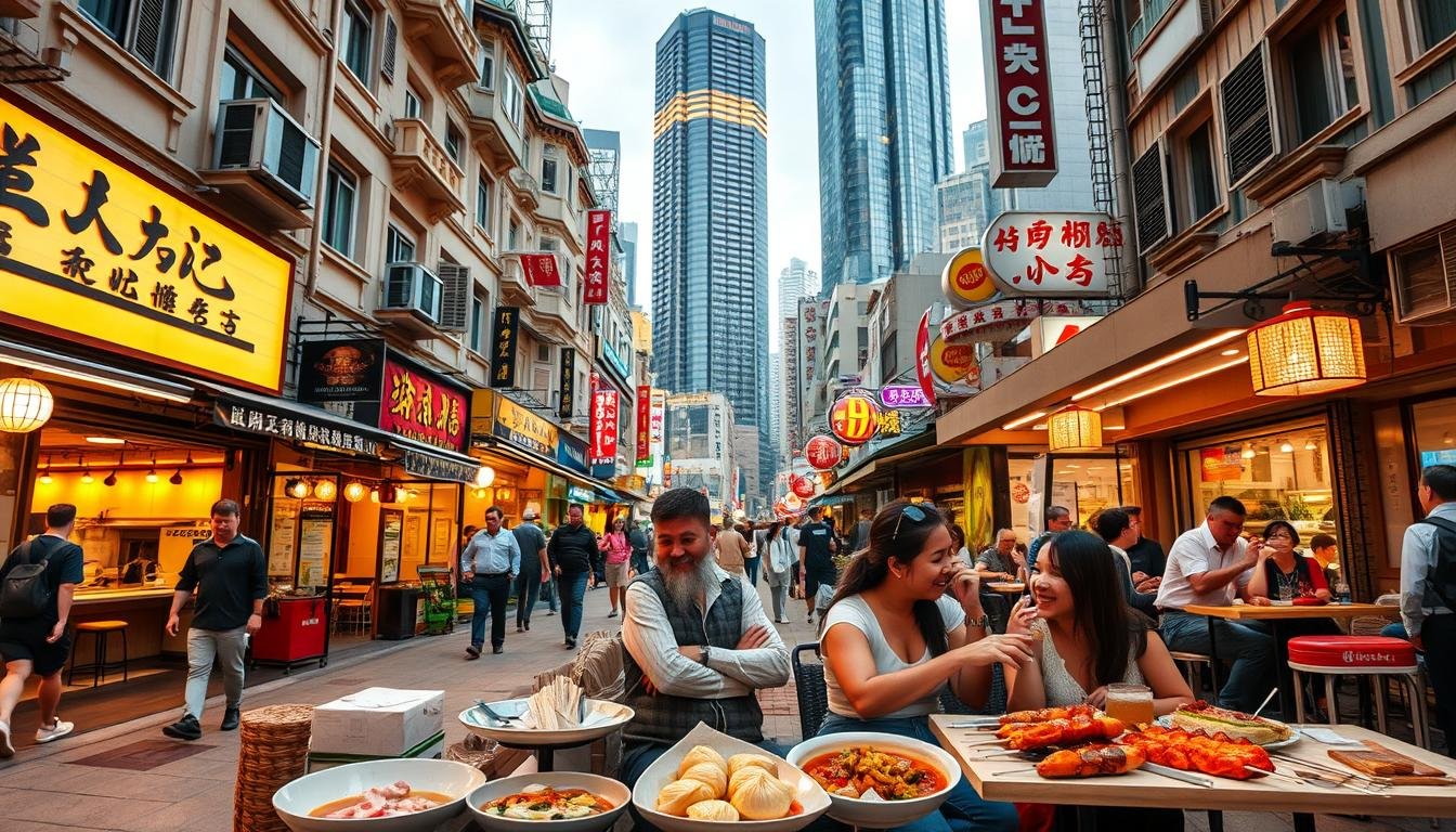 A bustling day in the heart of Hong Kong's culinary scene. A vibrant street lined with iconic restaurants, their facades bathed in warm, golden light. Pedestrians stroll leisurely, pausing to admire the enticing aromas wafting from open kitchens. In the foreground, a group of friends savor local delicacies at a cozy outdoor cafe, their laughter and conversation adding to the lively atmosphere. The middle ground showcases the diverse cuisine, from steaming dim sum to sizzling skewers, inviting the viewer to explore the gastronomic delights of this one-day food journey. In the background, the towering skyscrapers of Central and Tsim Sha Tsui create a dramatic, metropolitan backdrop, reflecting the dynamic nature of Hong Kong's culinary landscape.