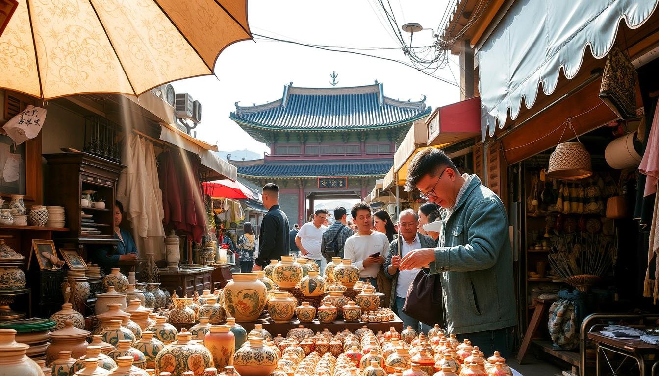 A bustling flea market in the heart of Seoul, Dongmyo Market is a vibrant showcase of Korea's rich artisanal heritage. Stalls brimming with vintage wares, from antique furniture to retro electronics, line the narrow alleyways, creating a charming, time-worn atmosphere. Beams of warm sunlight filter through the canopy of umbrellas, casting a soft glow over the lively scene. In the foreground, a vendor carefully arranges a display of handcrafted ceramic trinkets, their intricate patterns and earthy tones reflecting the market's artisanal spirit. In the middle ground, shoppers peruse the eclectic offerings, their faces alight with the thrill of discovery. In the background, the historic Dongmyo Shrine stands as a silent witness to the enduring traditions embodied by this bustling flea market.