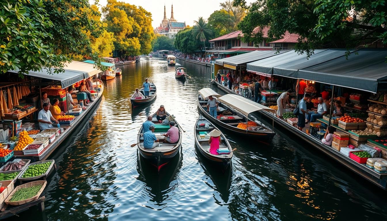 A bustling floating marketplace set on the tranquil waters of a Bangkok canal. The foreground features vibrant stalls selling an array of fresh produce, handicrafts, and street food, with vendors animatedly interacting with customers. In the middle ground, traditional wooden boats laden with goods slowly drift by, casting reflections on the gently rippling surface. The background is framed by lush green foliage and traditional Thai-style buildings, bathed in the warm, golden glow of the afternoon sun. The overall scene exudes a sense of timeless charm, immersing the viewer in the authentic local experience of this iconic Bangkok landmark.
