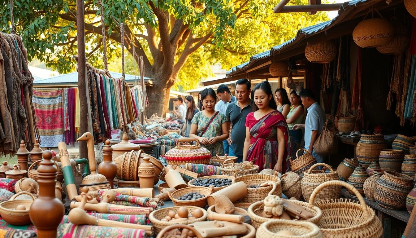 A bustling local market in a Thai village, with artisans showcasing their handcrafted wares. In the foreground, a display of vibrant textiles, intricate carvings, and woven baskets, all produced using sustainable materials and traditional techniques. The middle ground features a group of shoppers examining the goods, their expressions conveying a sense of appreciation for the craftsmanship and the stories behind each piece. In the background, a warm, golden light filters through the trees, casting a natural, earthy glow over the scene. The overall atmosphere evokes a feeling of community, cultural preservation, and ethical commerce, where local artisans are empowered and supported.