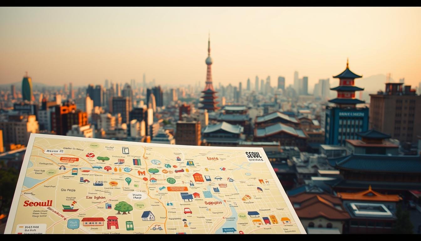 A bustling metropolis comes to life, with a meticulously curated travel itinerary for Seoul. In the foreground, a detailed map showcases the city's distinct neighborhoods, each marked with iconic landmarks and must-visit destinations. The middle ground features stylized illustrations of vibrant cultural experiences, from savoring local street food to immersing in historical sites. The background paints a panoramic view of the city skyline, with the towering N Seoul Tower overlooking the dynamic urban landscape. Warm, golden lighting illuminates the scene, evoking a sense of exploration and discovery. Crisp, cinematic framing and a clean, minimalist aesthetic give the image a sleek, contemporary feel, perfectly suited to inspire and guide the reader's journey through the heart of South Korea. A bustling metropolis comes to life, with a meticulously curated travel itinerary for Seoul. In the foreground, a detailed map showcases the city's distinct neighborhoods, each marked with iconic landmarks and must-visit destinations. The middle ground features stylized illustrations of vibrant cultural experiences, from savoring local street food to immersing in historical sites. The background paints a panoramic view of the city skyline, with the towering N Seoul Tower overlooking the dynamic urban landscape. Warm, golden lighting illuminates the scene, evoking a sense of exploration and discovery. Crisp, cinematic framing and a clean, minimalist aesthetic give the image a sleek, contemporary feel, perfectly suited to inspire and guide the reader's journey through the heart of South Korea.