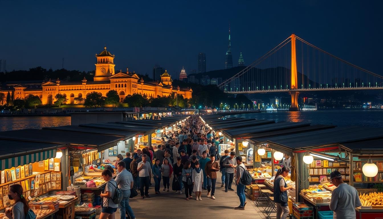 A bustling night market along the Han River, vibrant with the sights and sounds of Korean craftsmanship. Artisanal stalls line the riverside promenade, their handmade wares aglow under the warm, atmospheric lighting. In the foreground, skilled makers demonstrate their techniques, captivating passersby. Winding through the lively crowds, dynamic food vendors offer traditional street fare. In the middle ground, historical architecture and modern bridges create a striking backdrop, highlighting the fusion of old and new. The overall scene exudes a sense of creative energy, celebrating the confluence of culture and community in this mobile celebration of Korean artistry.