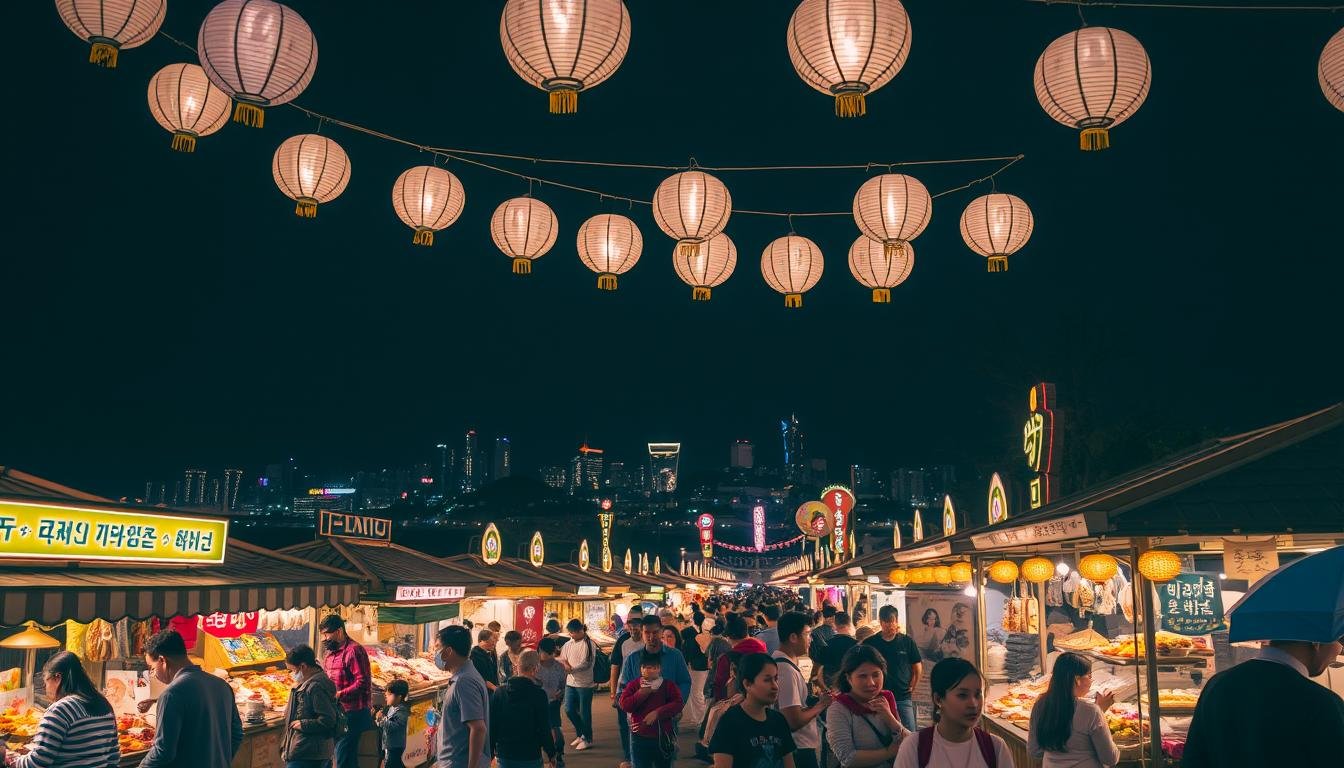 A bustling night market along the banks of the Han River, Seoul. Vibrant stalls offer a kaleidoscope of traditional Korean street food and handcrafted wares, their neon signs casting a warm glow over the lively crowd. In the distance, the iconic Seoul skyline twinkles against a inky black sky. Overhead, paper lanterns sway gently in the cool evening breeze, creating a magical, festive atmosphere. Families and friends browse the diverse array of offerings, immersed in the sights, sounds and aromas of this beloved seasonal celebration of Korean culture and community.
