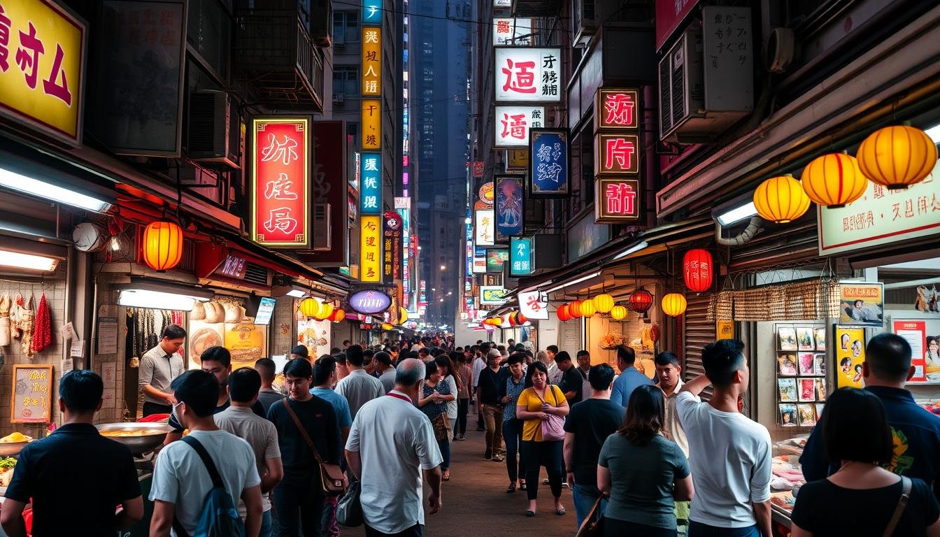 A bustling night market in Hong Kong's Mong Kok district, neon signs and lanterns casting a warm glow across the narrow alleys. Vendors sell aromatic street food, sizzling woks and steaming dumplings. Locals and tourists mingle, browsing stalls of handmade crafts and trinkets. A jazz band plays mellow tunes on a small stage, drawing a crowd of night owls. The atmosphere is lively, energetic, and quintessentially Hong Kong, capturing the vibrant nightlife that makes this neighborhood a must-visit destination.