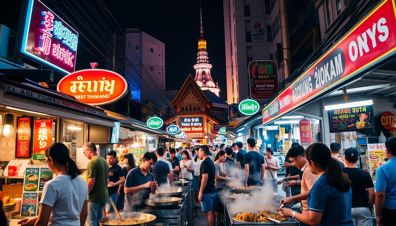A bustling night market in Huai Khwang, Bangkok, Thailand. Vibrant stalls line the streets, offering an array of local street food delicacies. Sizzling woks, steaming noodles, and the aroma of spices fill the air. Neon signs illuminate the scene, casting a warm glow over the lively crowd of locals and tourists. In the middle ground, vendors skillfully prepare dishes, their hands a blur of motion. In the background, a mix of traditional and modern architecture creates a captivating contrast. The overall atmosphere is one of energy, excitement, and an authentic taste of Thai culture.