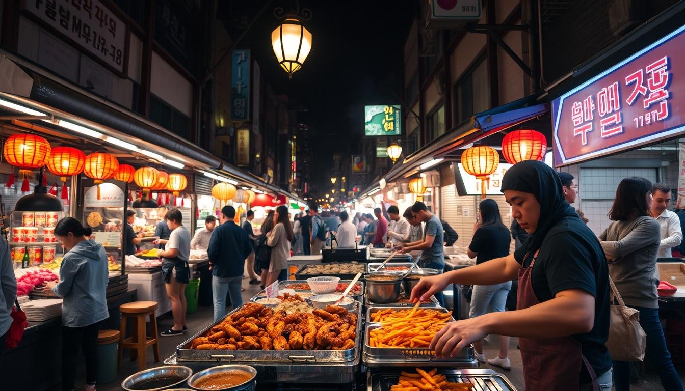 A bustling night market in Seoul, the air filled with the sizzle of street food and the lively chatter of locals. In the foreground, a seasoned vendor expertly prepares a selection of tantalizing Korean delicacies, their hands moving with practiced precision. The middle ground showcases an array of vibrant stalls, each offering a unique culinary experience, from savory Korean barbecue to sweet and sticky treats. In the background, a warm glow emanates from the lanterns and neon signs, creating a cozy and inviting atmosphere. The scene is a harmonious blend of sights, sounds, and aromas, capturing the essence of a quintessential Korean night market experience. Illuminated by a soft, diffused light that accentuates the textures and colors, the image invites the viewer to step into this vibrant culinary adventure.