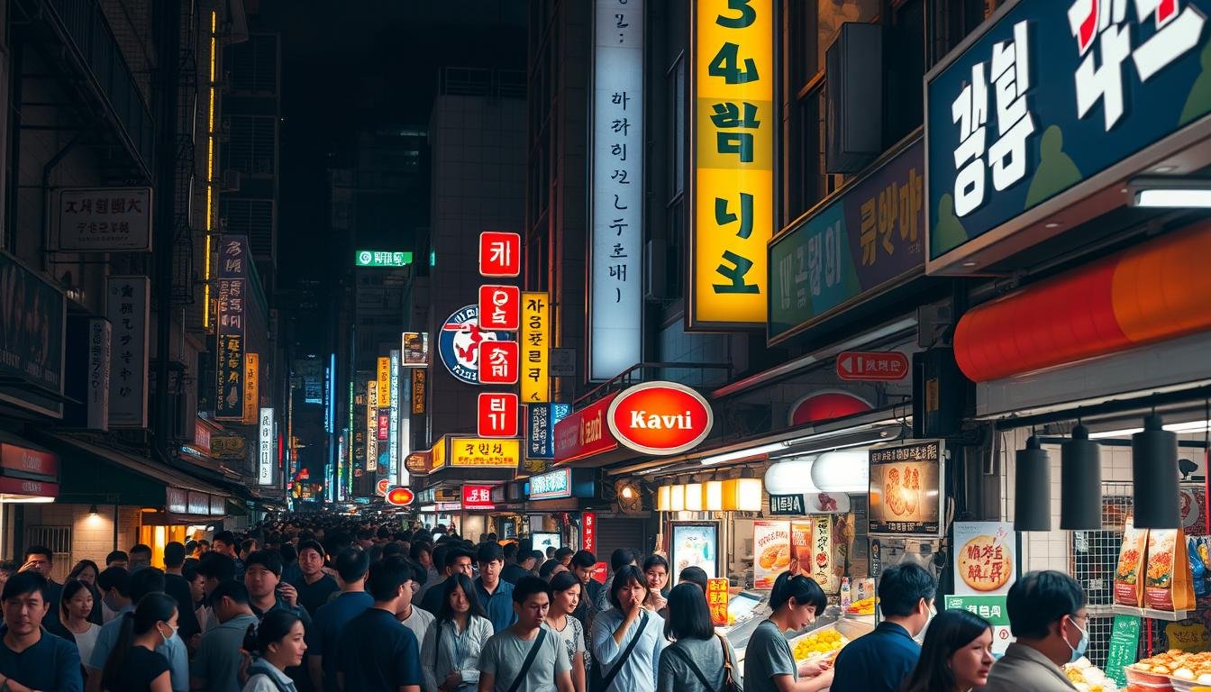 A bustling night market in the heart of Seoul's Myeongdong district, illuminated by the warm glow of neon signs and street vendors' stalls. The narrow alleyways are alive with the aroma of sizzling Korean street food, from tteokbokki and odeng to hotteok and Korean corn dogs. Crowds of locals and tourists weave through the lively scene, pausing to admire handcrafted wares and sample the authentic flavors of this vibrant commercial hub. The camera captures the dynamic energy of the night market, framing the iconic architecture and neon-lit storefronts against a moody, atmospheric backdrop, inviting viewers to explore the delectable delights of Myeongdong's captivating street food culture.