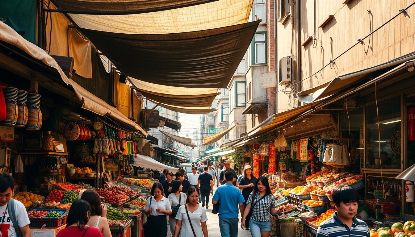 A bustling open-air market in Busan, South Korea, teeming with local vendors and shoppers. Narrow, winding lanes flanked by ramshackle stalls overflowing with an eclectic array of goods - vibrant produce, handcrafted wares, and traditional Korean delicacies. Warm, diffused natural light filters through the canopy of tarps and awnings, casting a golden glow over the scene. In the foreground, a mix of local shoppers and curious tourists browse the stalls, immersed in the lively atmosphere. In the background, the weathered facades of surrounding buildings provide a sense of history and character. An authentic, bustling marketplace that captures the energy and spirit of Busan. A bustling open-air market in Busan, South Korea, teeming with local vendors and shoppers. Narrow, winding lanes flanked by ramshackle stalls overflowing with an eclectic array of goods - vibrant produce, handcrafted wares, and traditional Korean delicacies. Warm, diffused natural light filters through the canopy of tarps and awnings, casting a golden glow over the scene. In the foreground, a mix of local shoppers and curious tourists browse the stalls, immersed in the lively atmosphere. In the background, the weathered facades of surrounding buildings provide a sense of history and character. An authentic, bustling marketplace that captures the energy and spirit of Busan.