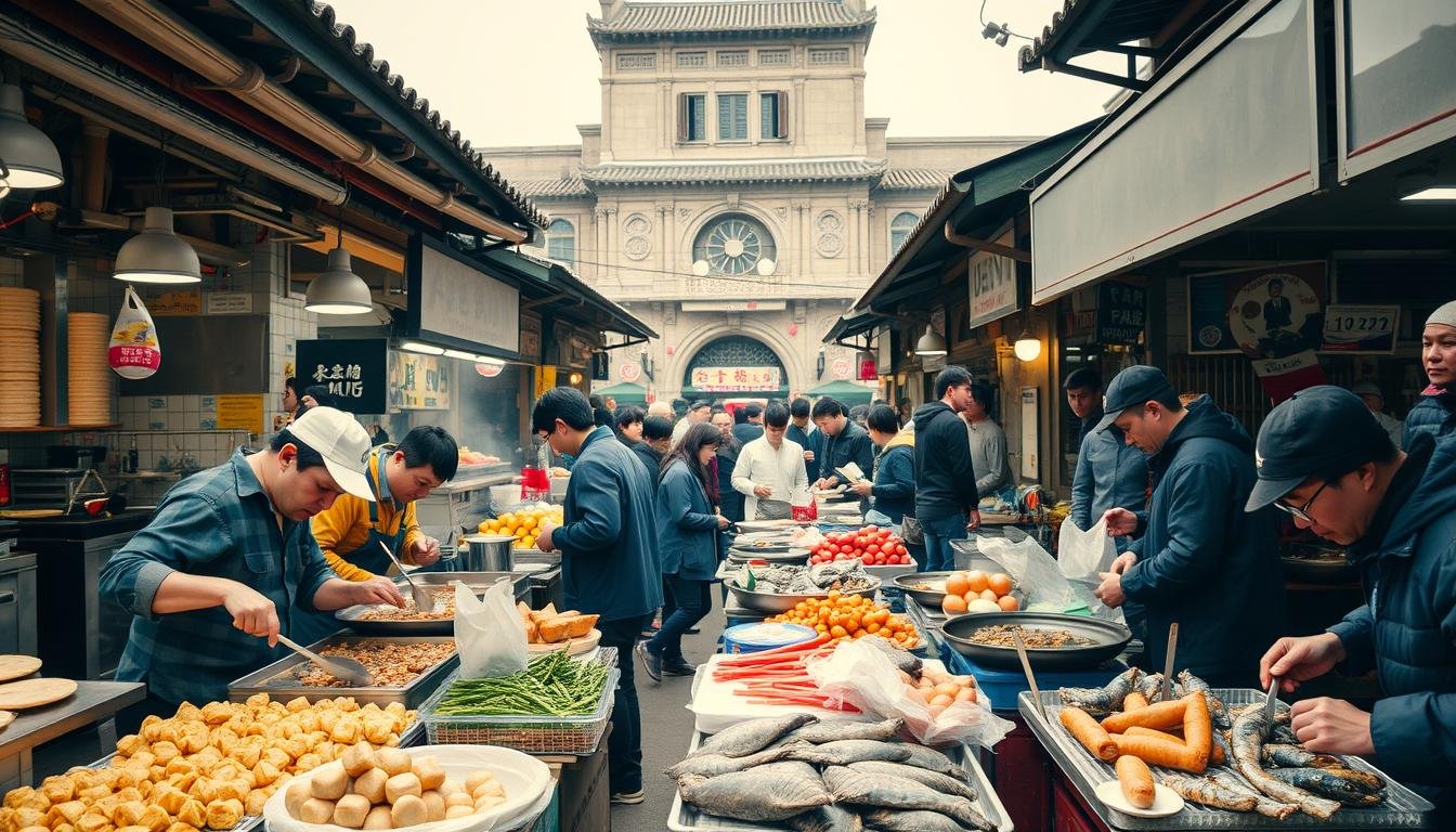 A bustling open-air market in Seoul, Gwangjang Market showcases the vibrant food culture of South Korea. In the foreground, vendors skillfully prepare and serve a variety of traditional Korean street food, from savory dumplings to sizzling pancakes. The middle ground is filled with the energetic chatter of customers browsing the stalls, examining the fresh seafood and produce on display. In the background, the historic architecture of the market creates a warm, atmospheric setting, bathed in the soft, diffused light of an overcast day. This scene captures the essence of local daily life, where the aromas, sounds, and traditions of Korean cuisine converge to create an immersive culinary experience. A bustling open-air market in Seoul, Gwangjang Market showcases the vibrant food culture of South Korea. In the foreground, vendors skillfully prepare and serve a variety of traditional Korean street food, from savory dumplings to sizzling pancakes. The middle ground is filled with the energetic chatter of customers browsing the stalls, examining the fresh seafood and produce on display. In the background, the historic architecture of the market creates a warm, atmospheric setting, bathed in the soft, diffused light of an overcast day. This scene captures the essence of local daily life, where the aromas, sounds, and traditions of Korean cuisine converge to create an immersive culinary experience.