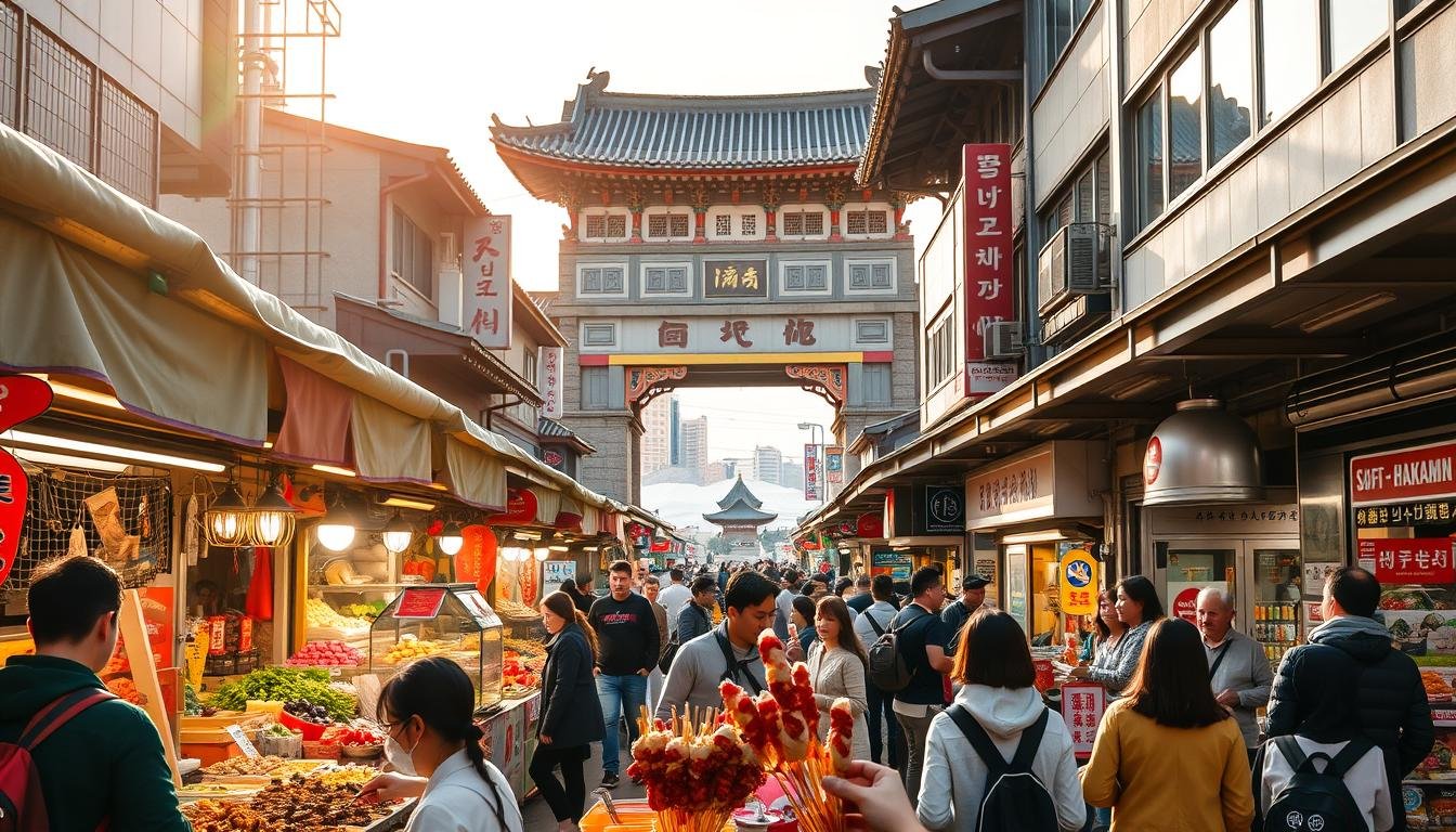 A bustling outdoor market in Seoul, South Korea, with rows of vibrant food stalls and locals browsing for fresh produce, street food, and traditional snacks. The sun casts a warm glow over the scene, illuminating the colorful fabrics, neon signs, and bustling crowds. In the foreground, vendors offer samples of sizzling bulgogi (marinated beef) and squid skewers, enticing passersby. The middle ground features a mix of traditional Korean architecture and modern storefronts, capturing the blend of old and new. In the background, the iconic South Gate of Gwangjang Market stands tall, its intricate details and historic significance adding to the cultural richness of the environment. The atmosphere is lively, inviting, and authentically Korean. A bustling outdoor market in Seoul, South Korea, with rows of vibrant food stalls and locals browsing for fresh produce, street food, and traditional snacks. The sun casts a warm glow over the scene, illuminating the colorful fabrics, neon signs, and bustling crowds. In the foreground, vendors offer samples of sizzling bulgogi (marinated beef) and squid skewers, enticing passersby. The middle ground features a mix of traditional Korean architecture and modern storefronts, capturing the blend of old and new. In the background, the iconic South Gate of Gwangjang Market stands tall, its intricate details and historic significance adding to the cultural richness of the environment. The atmosphere is lively, inviting, and authentically Korean.